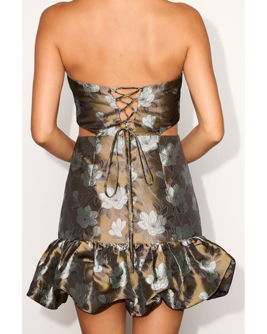 Lulus Green Nathania Floral Jacquard Strapless Bubble-Hem Dress