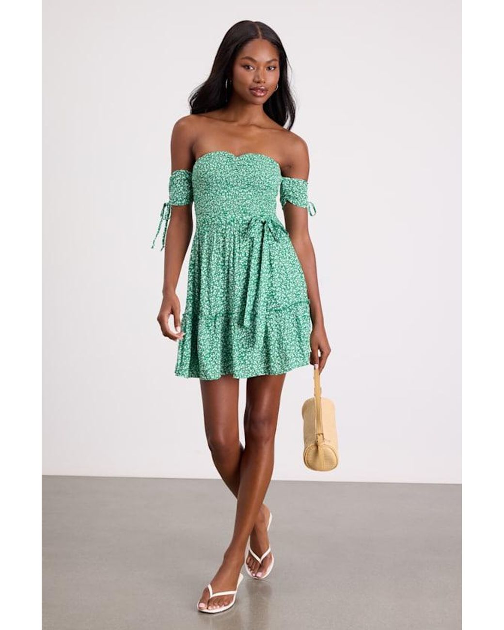 Lulus Green Sweetest Feelings Floral Off-The-Shoulder Mini Dress