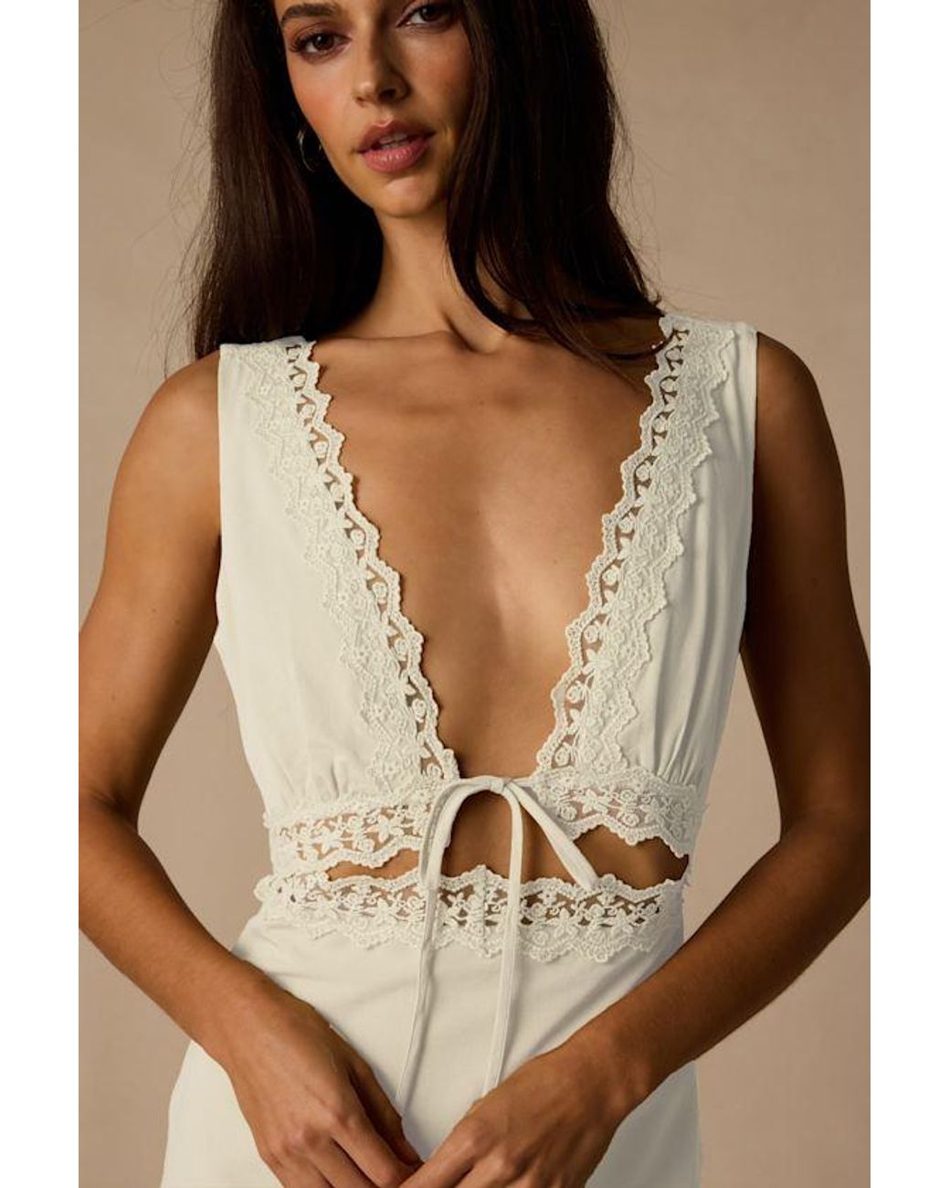 Lulus Natural Connie Lace Tie-Front Midi Dress