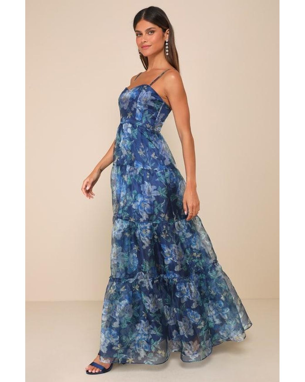 Lulus Blue Exclusive Glamour Floral Organza Tiered Maxi Dress
