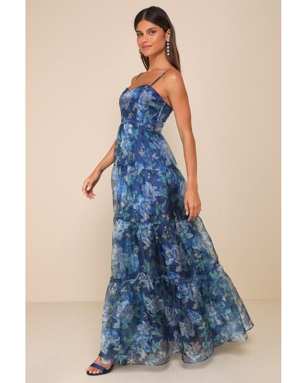 Lulus Exclusive Glamour Floral Organza Tiered Maxi Dress in Blue | Lyst