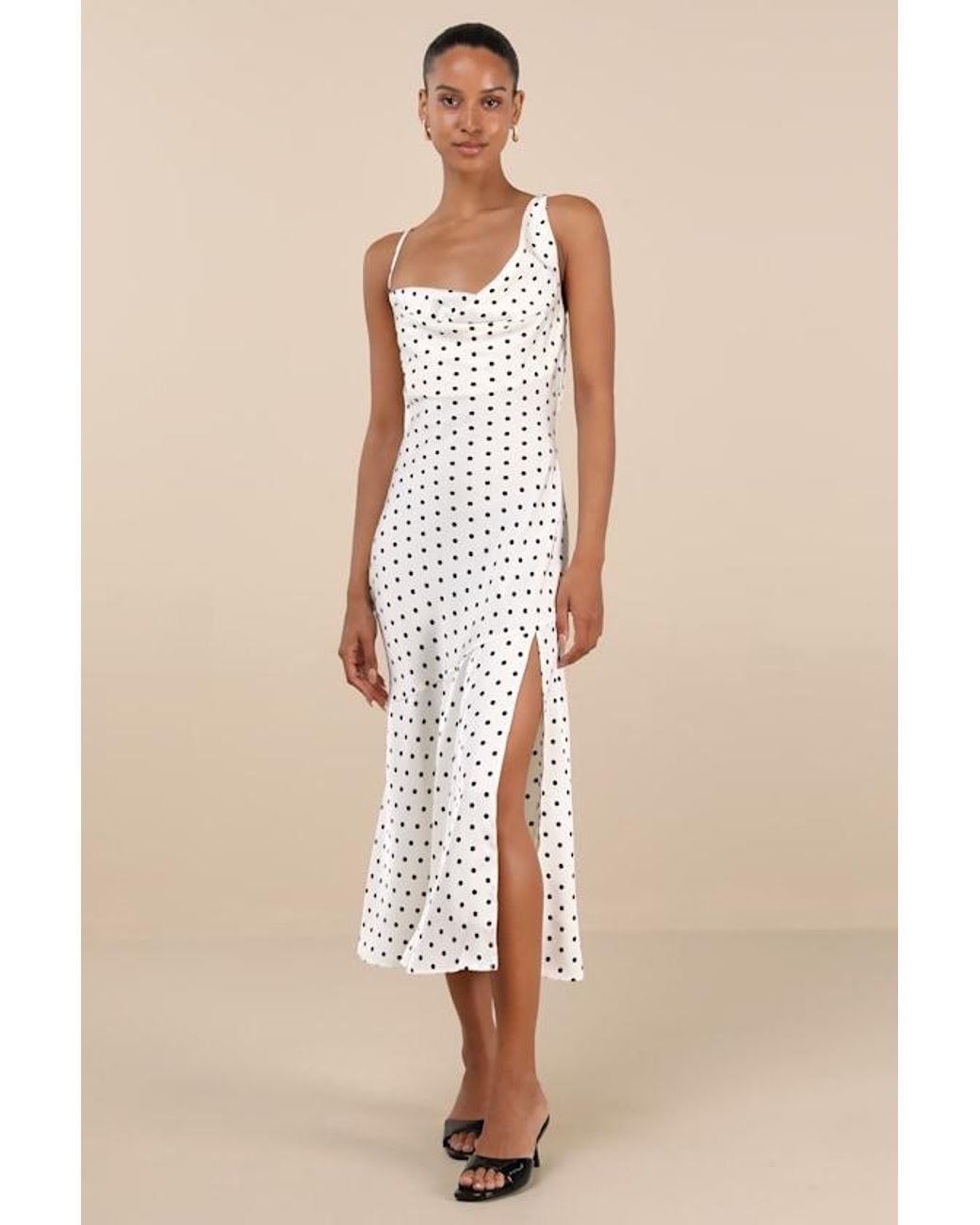 Lulus Blue Matea Polka Dot Satin Cowl Tie-Back Midi Dress
