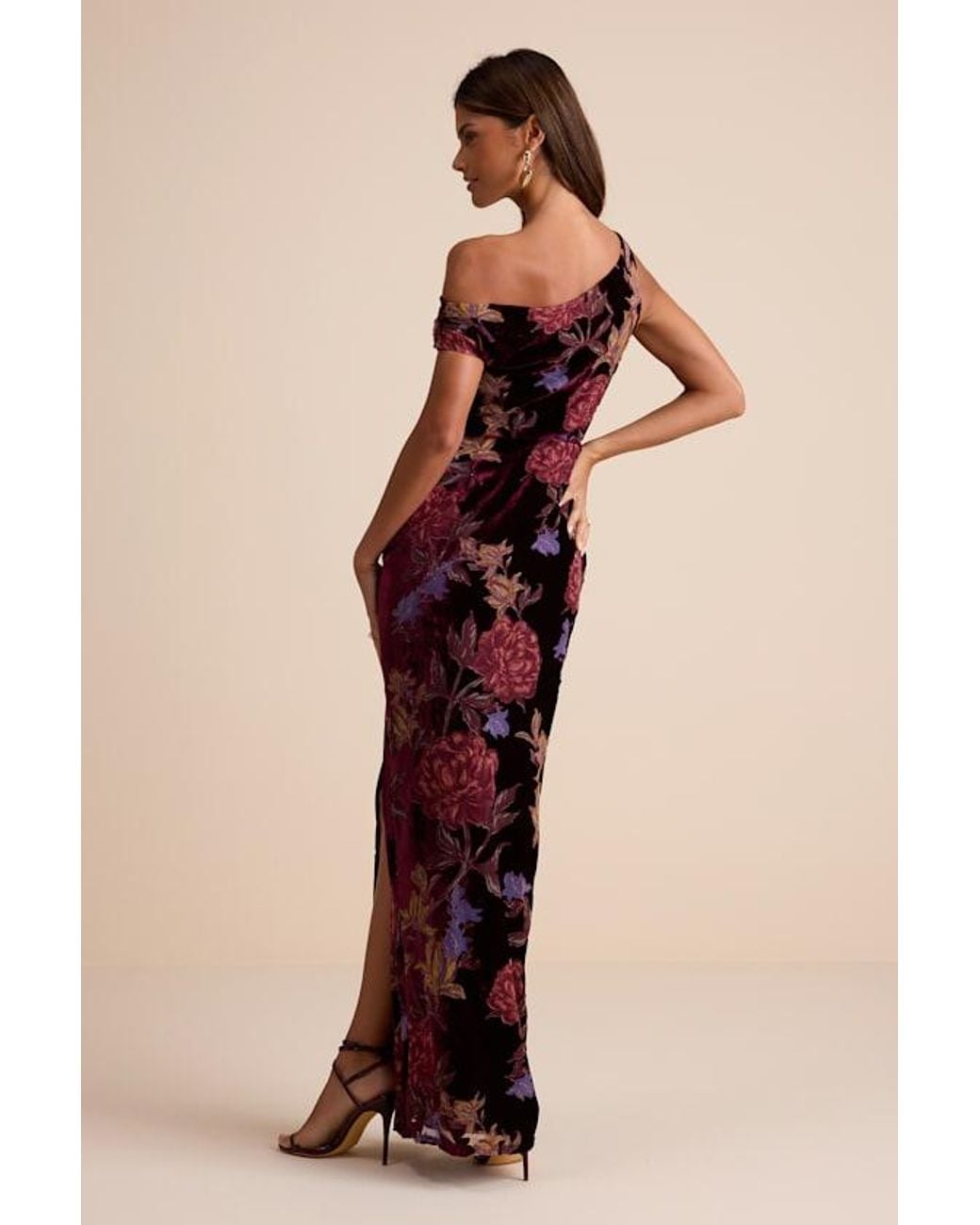 Lulus Natural Marnella Floral Velvet Burnout Asymmetrical Maxi Dress
