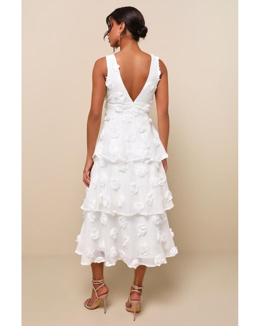 Lulus Natural Exceptional Entrance Sleeveless Tiered Rosette Midi Dress