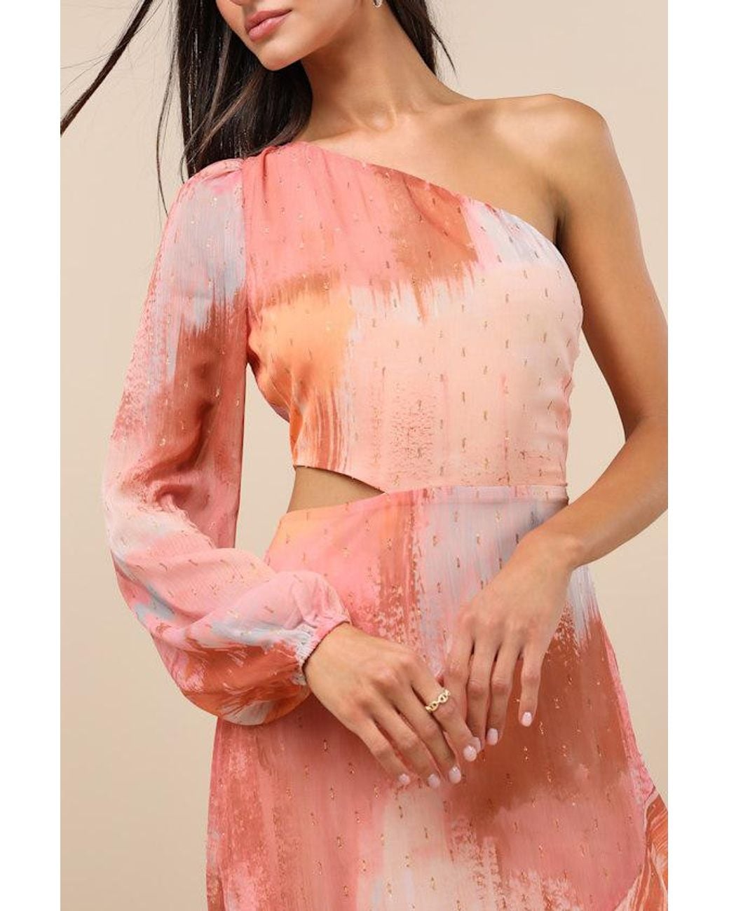 Lulus Pink Faria Multi Abstract Metallic Clip Dot Midi Dress
