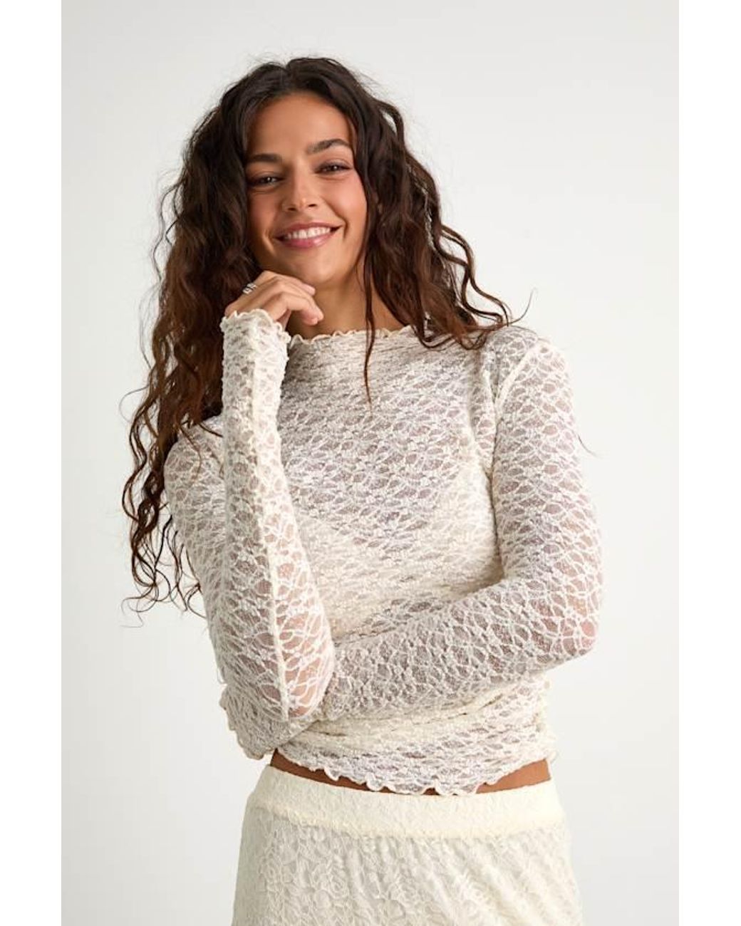 Lulus Aleister Sheer Lace Mock Neck Long Sleeve Top in White | Lyst