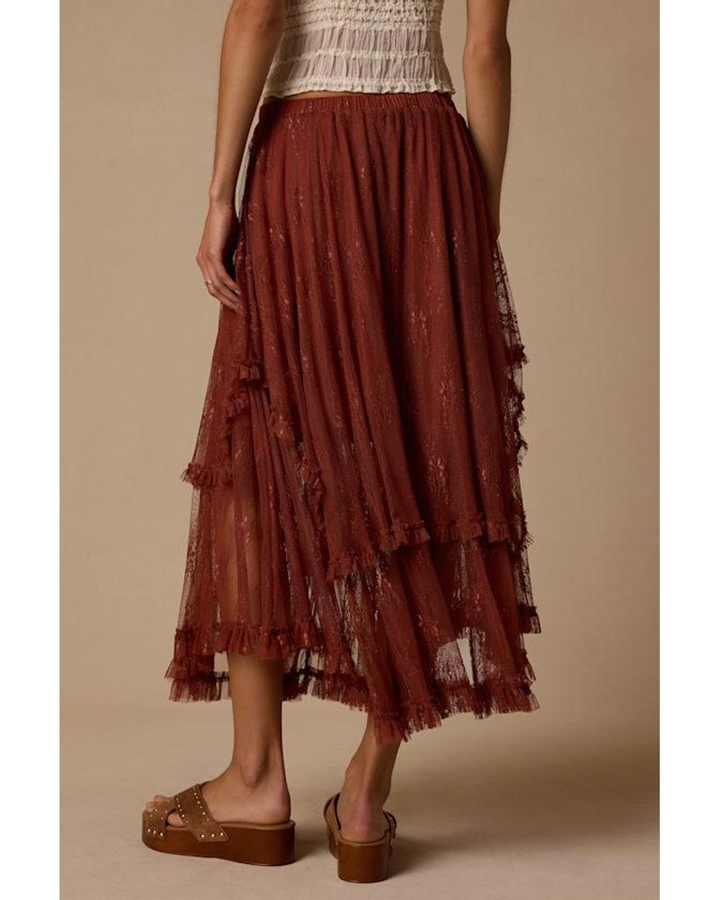Lulus Brown Briony Lace Ruffled Midi Skirt