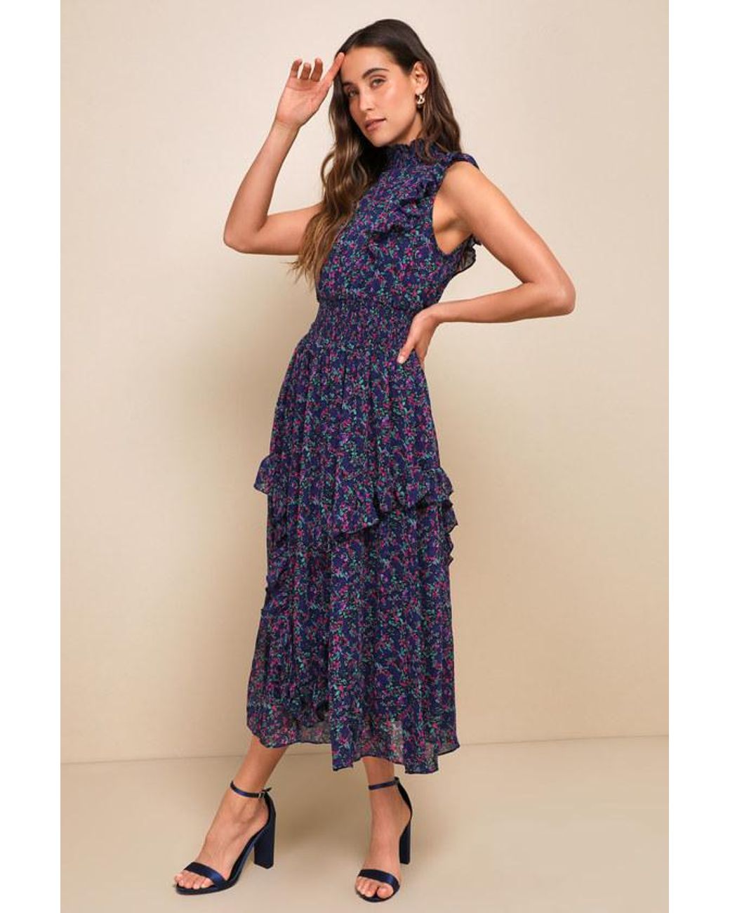Lulus Blue Evalina Floral Print Mock Neck Midi Dress