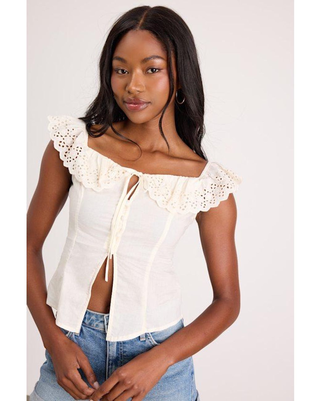 Lulus Natural Alesana Eyelet Embroidered Button-Front Top