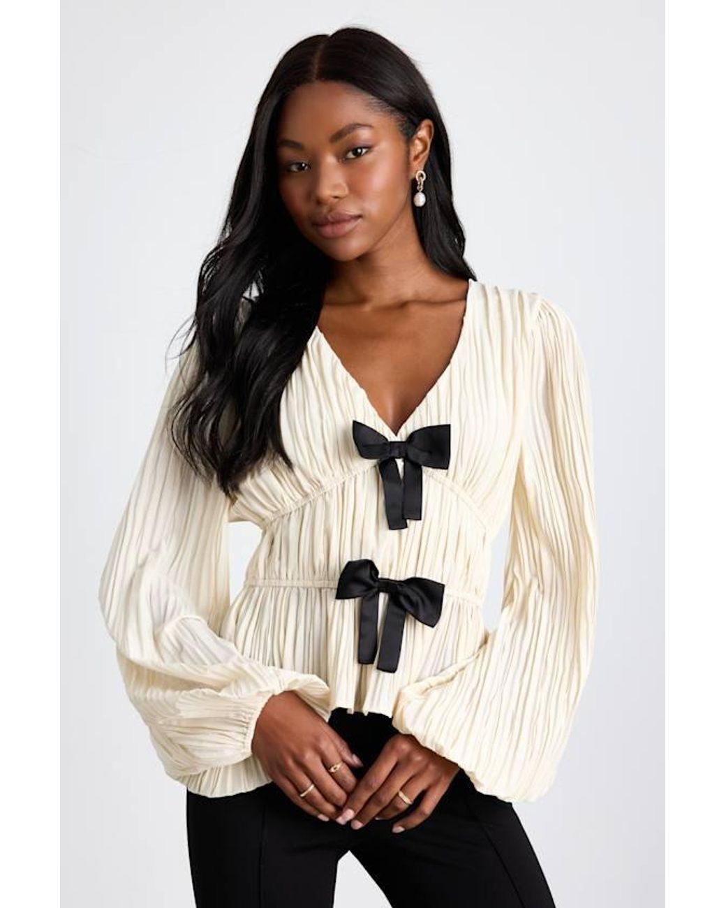 Lulus Black Yvetta Cream Plisse Balloon Sleeve Bow Top