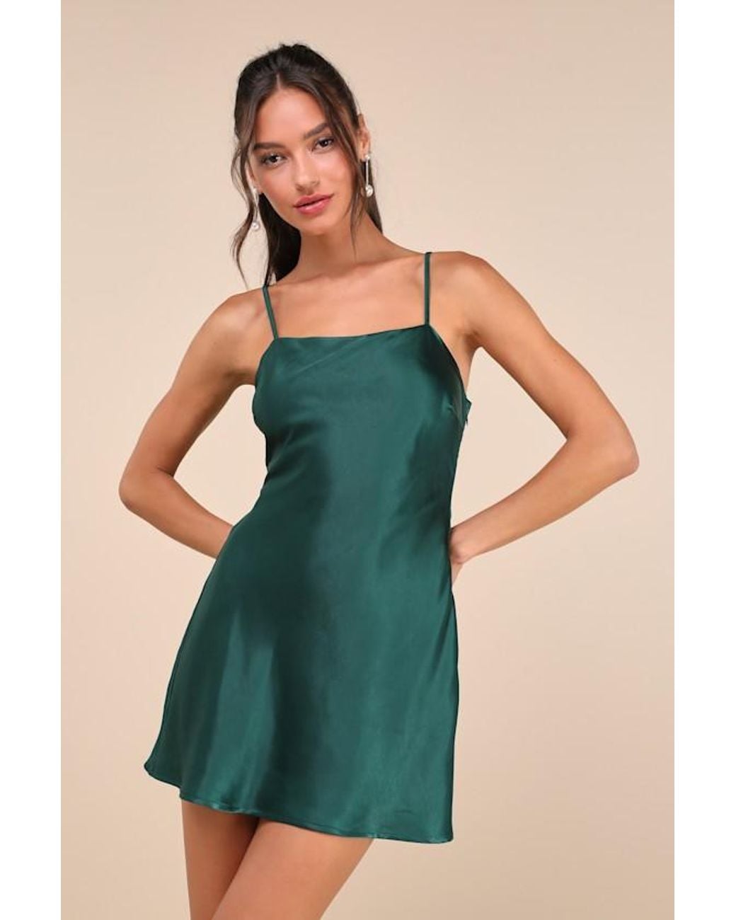 Lulus Blue Sincerest Elegance Emerald Satin Cowl Back Bow Mini Dress
