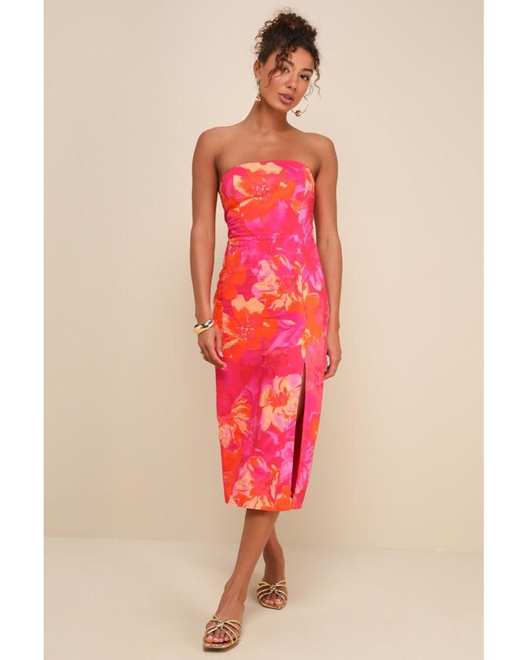 Lulus Pink Bold Tendencies Floral Strapless Cutout Midi Dress