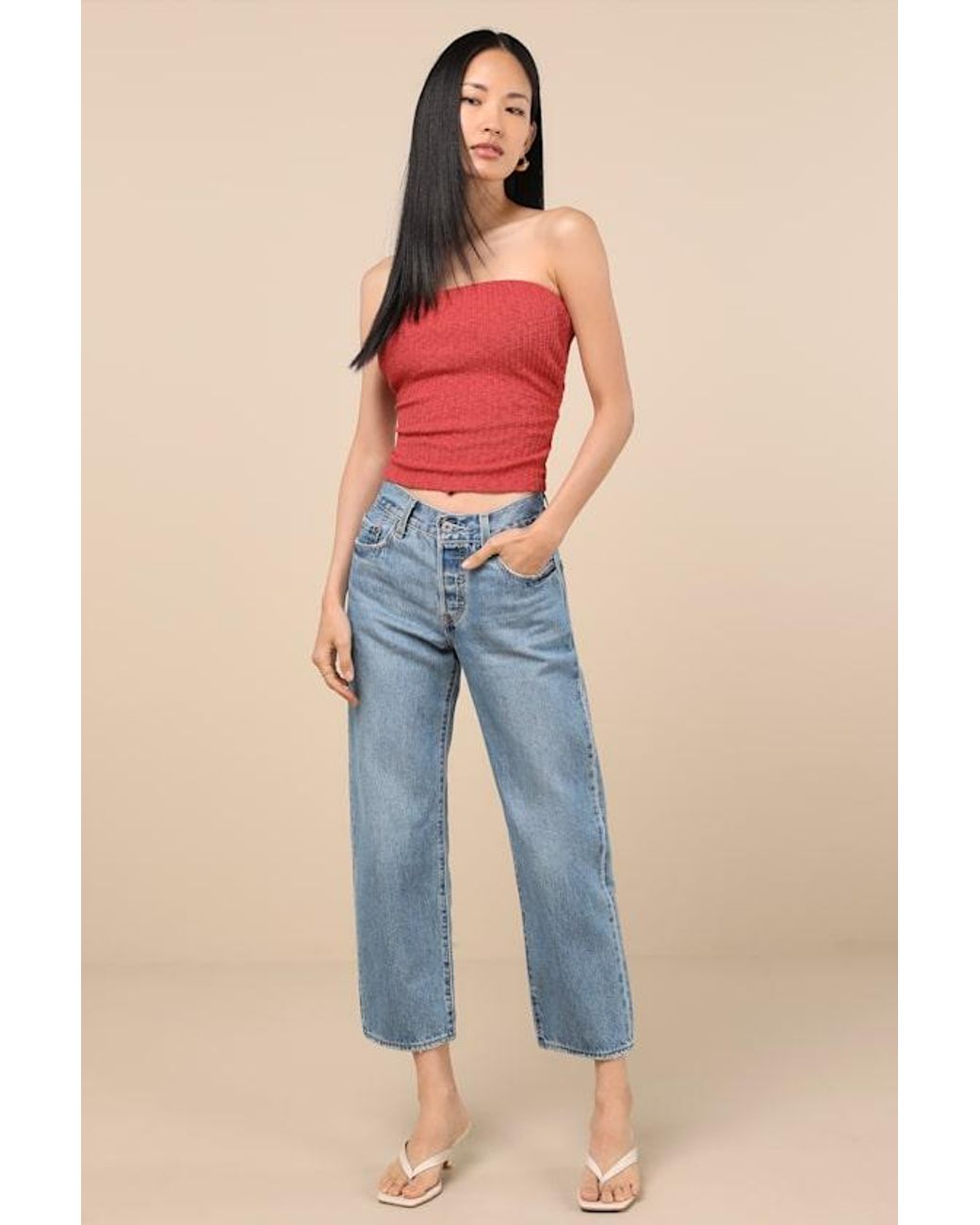 Lulus Red Lautaro Rust Ribbed Strapless Crop Top