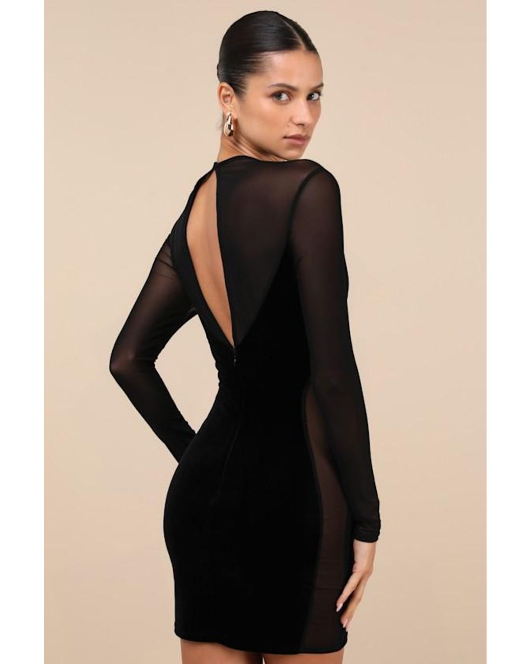 Lulus Irresistible Details Velvet Mesh Long Sleeve Mini Dress in Black |  Lyst
