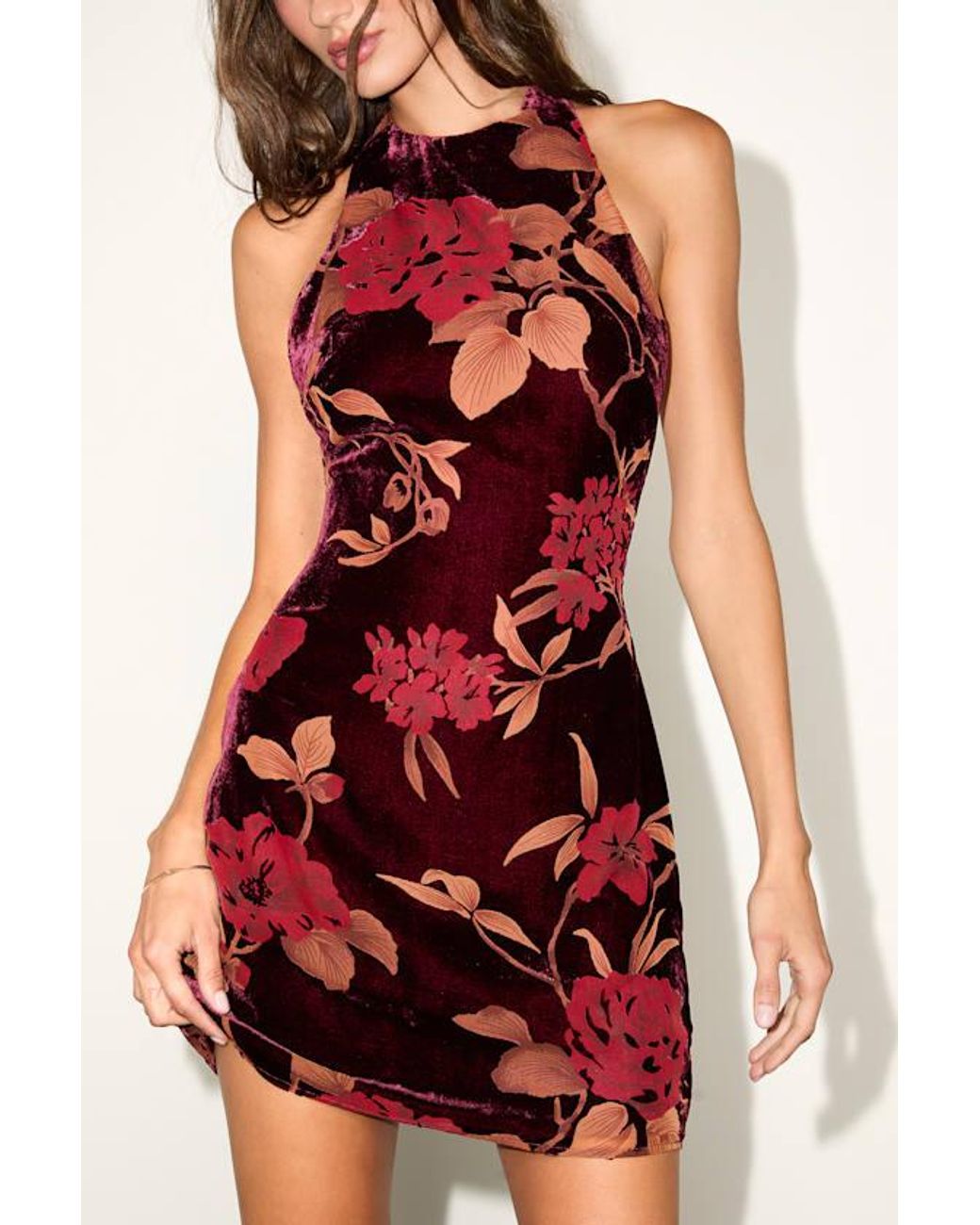 Lulus Red Delizah Floral Burnout Halter Mini Dress