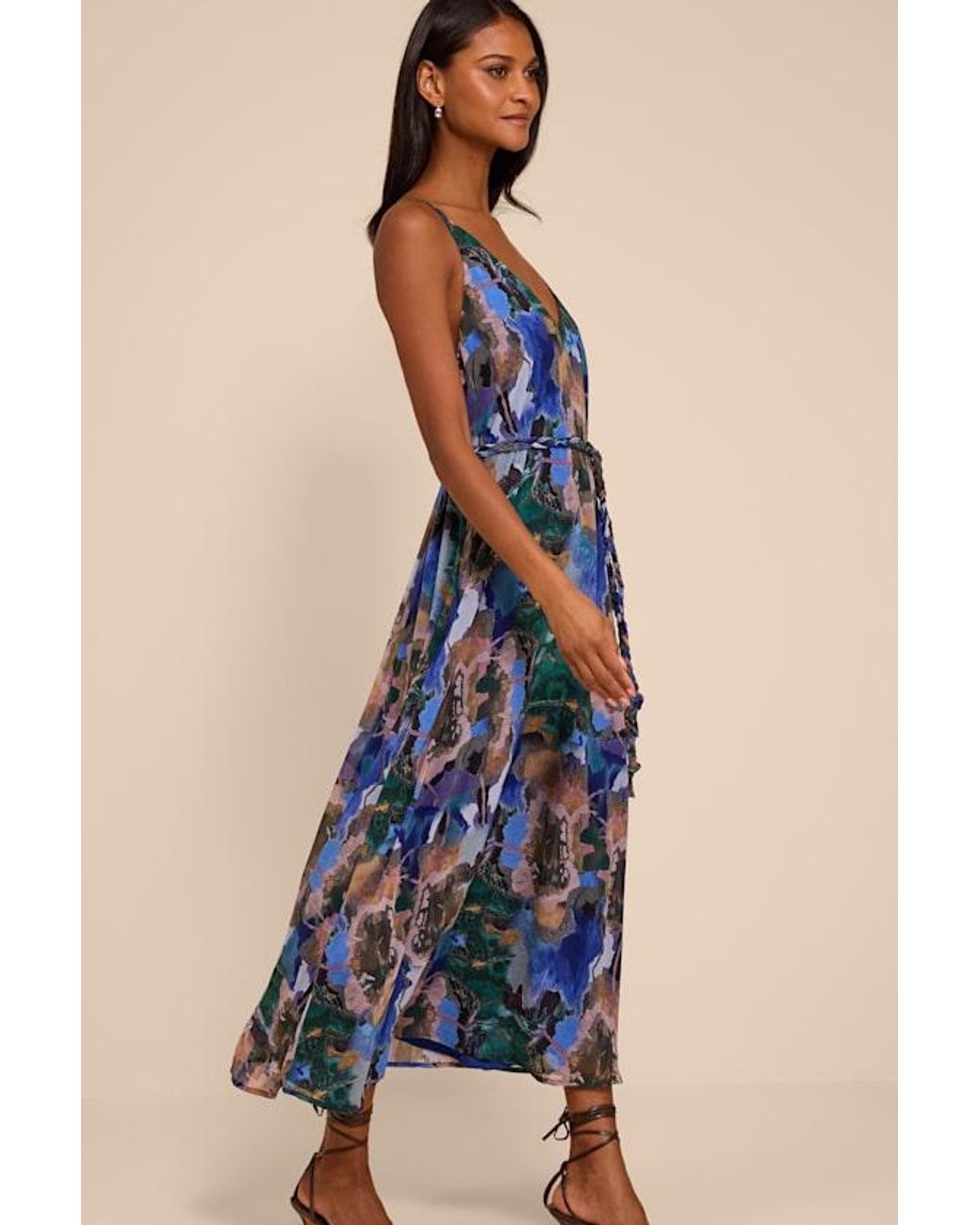 Lulus Blue Denay Multi Floral V-Neck Midi Dress