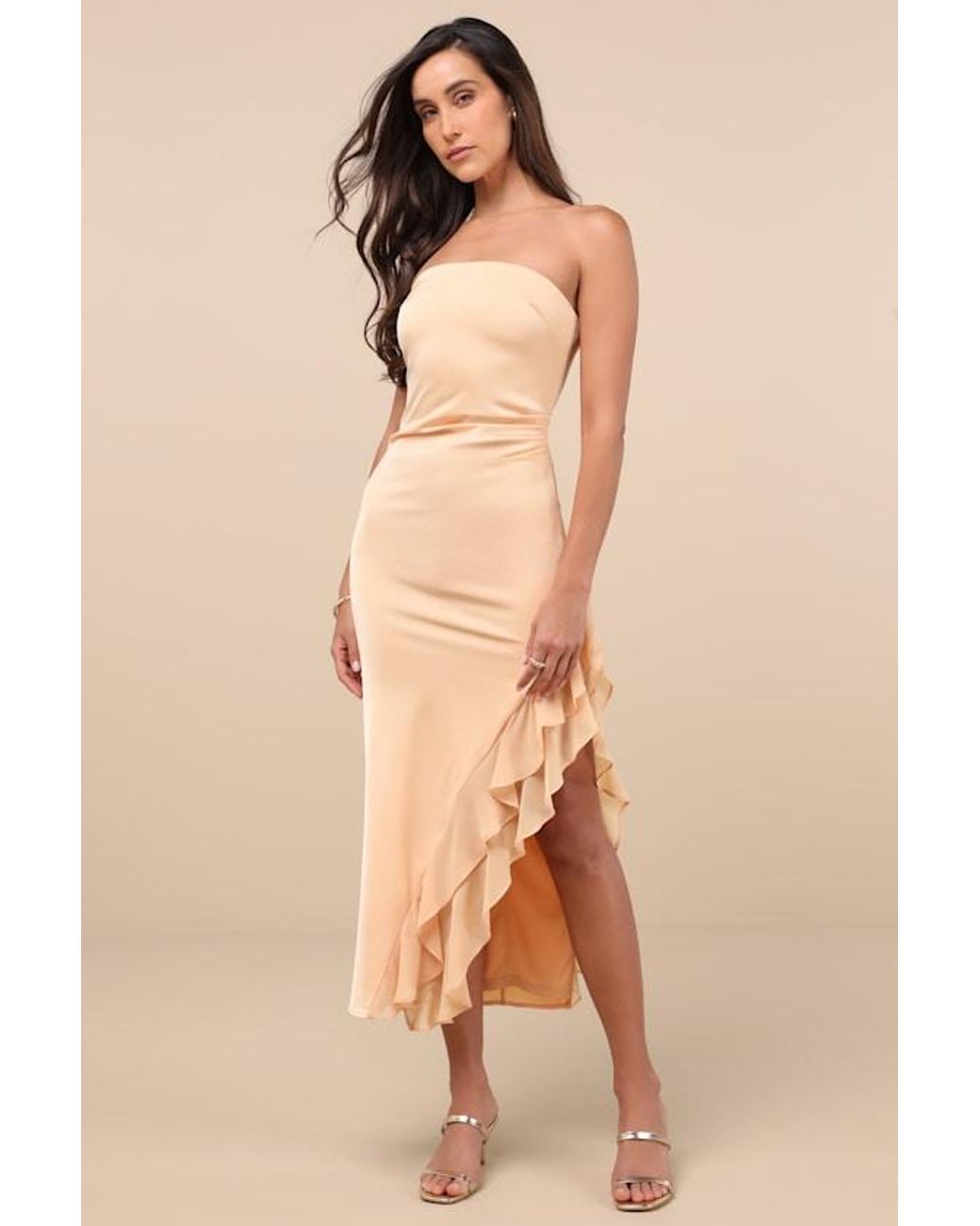 Lulus Natural Graceful Perfection Satin Ruffled Strapless Midi Dress