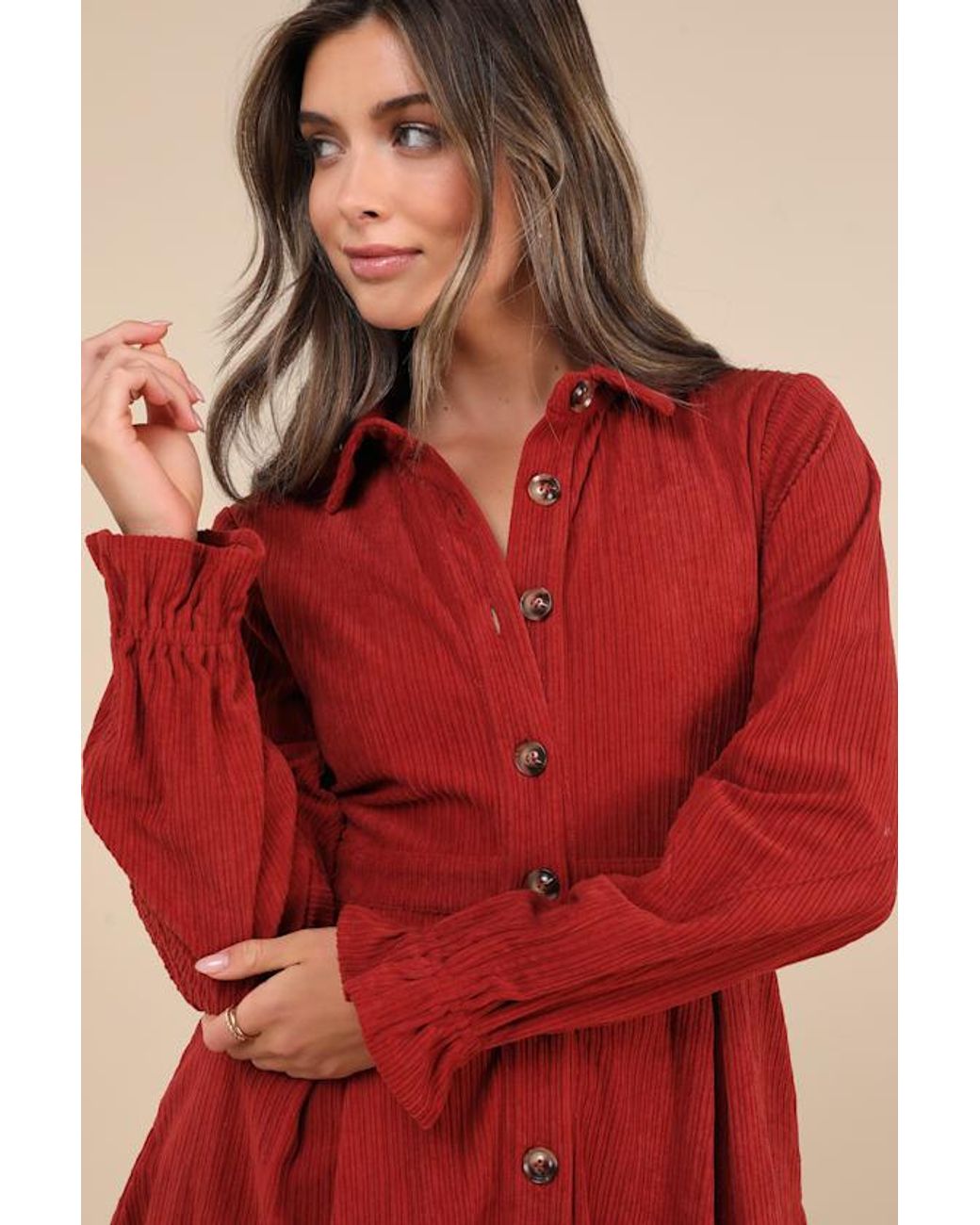 Lulus Red Autumn Mood Corduroy Mini Dress With Pockets