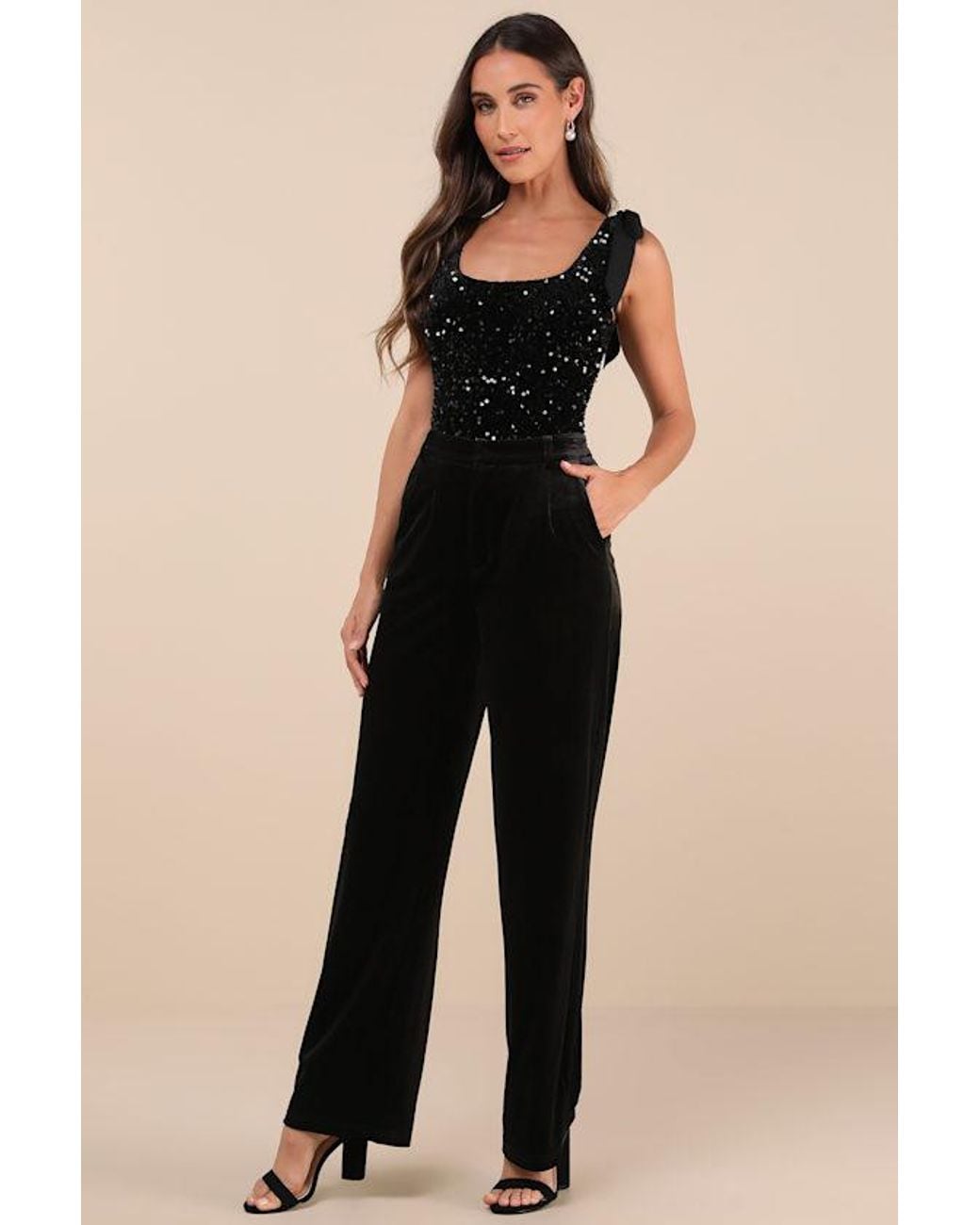 Lulus Black Adept Allure Velvet Sequin Tie-Strap Bodysuit