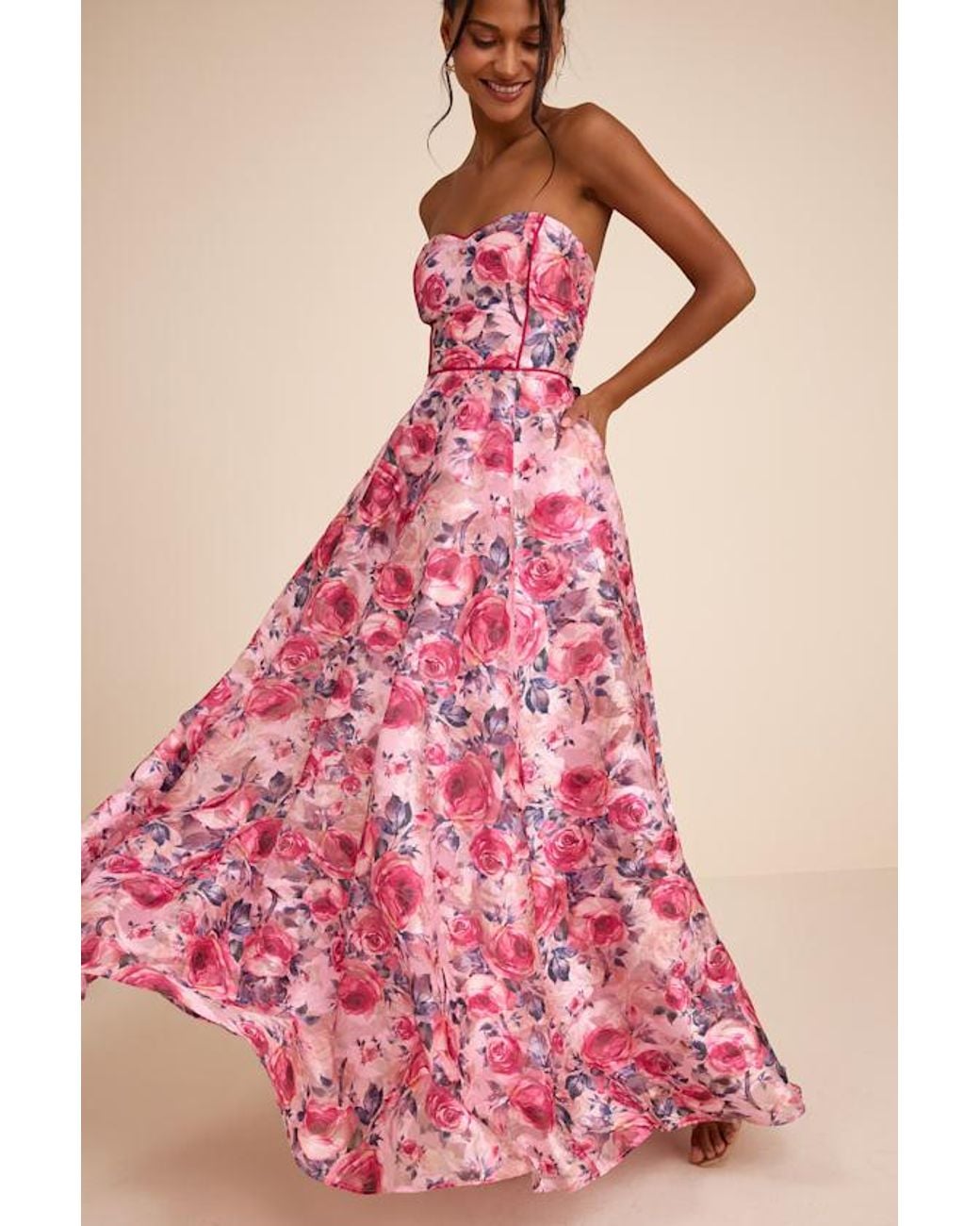Lulus Pink Avaia Floral Strapless Maxi Dress