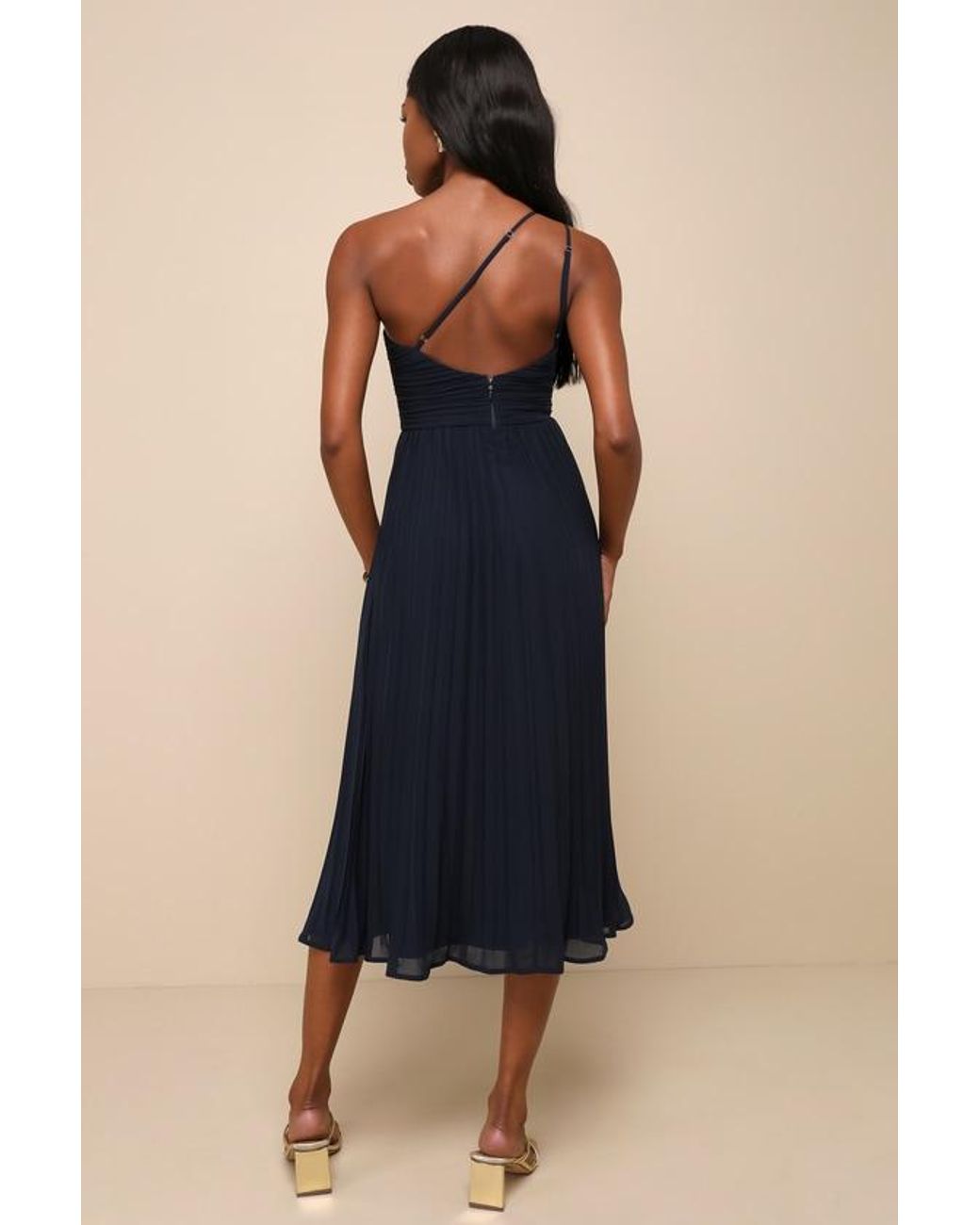 Lulus Blue Wondrous Muse Pleated One-Shoulder Midi Dress