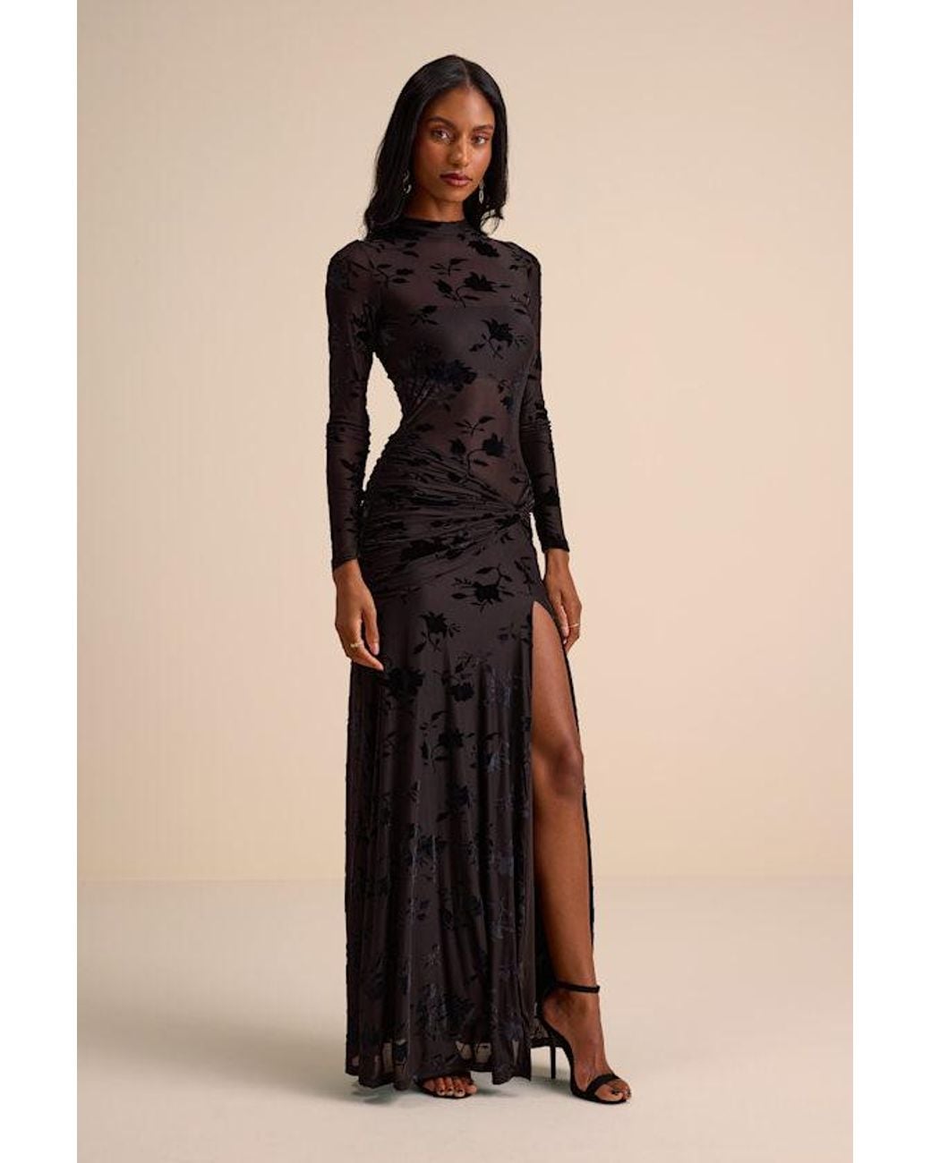 Lulus Black Charlize Sheer Mesh Velvet Burnout Maxi Dress