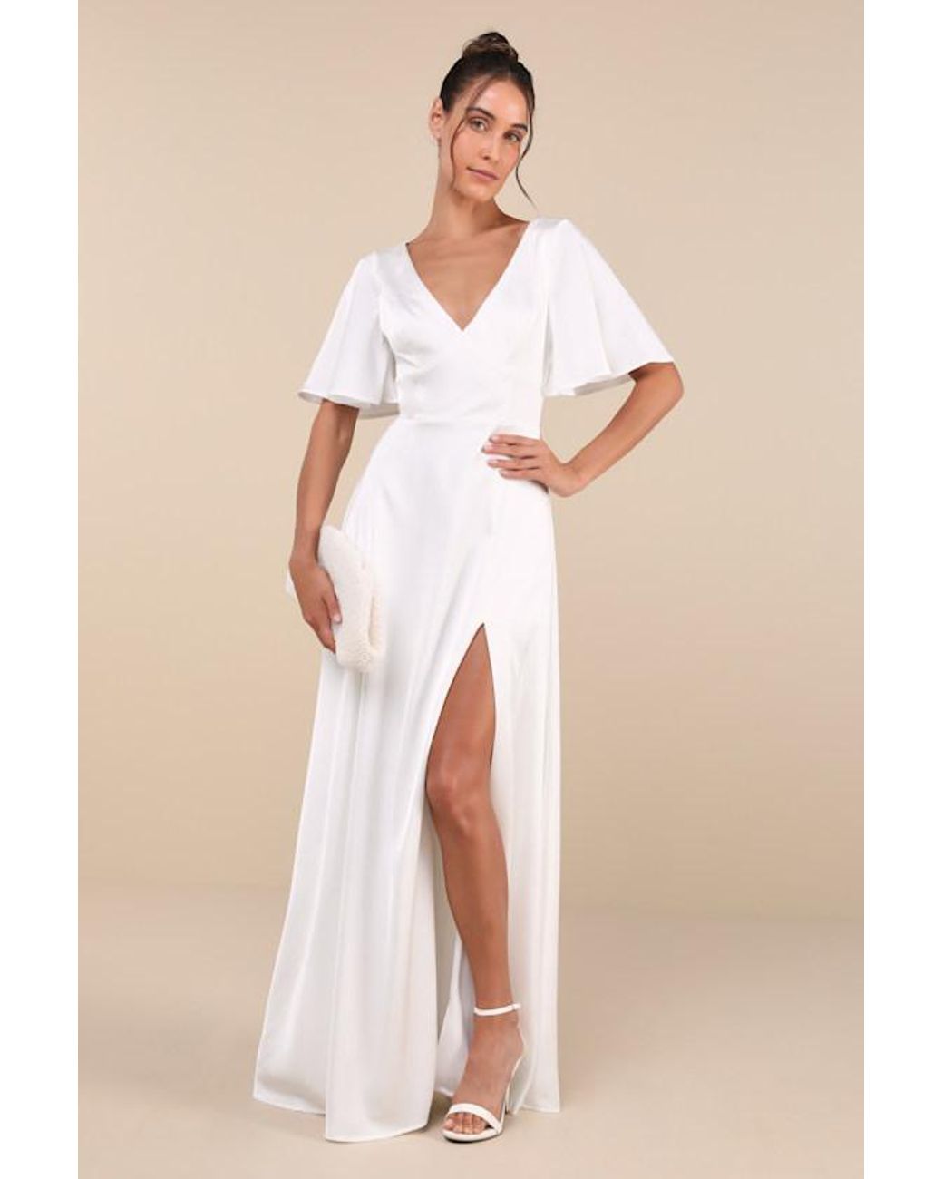 Lulus Natural Elegant Confidence Satin Flutter Sleeve Cutout Maxi Dress