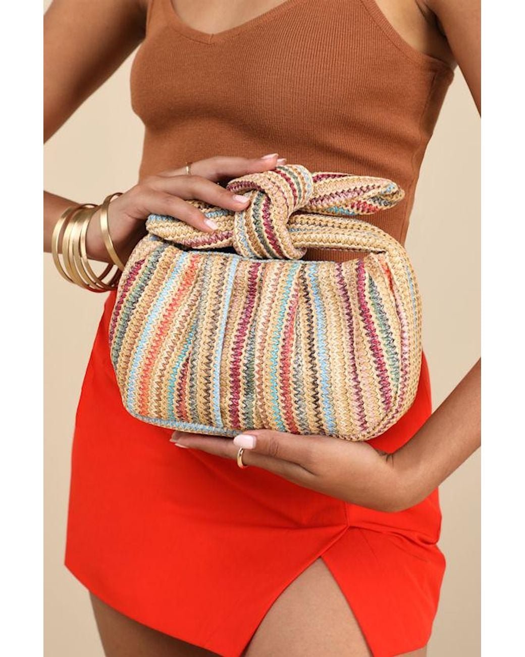 Lulus Natural Essential Style Multi Striped Woven Knot Handle Clutch