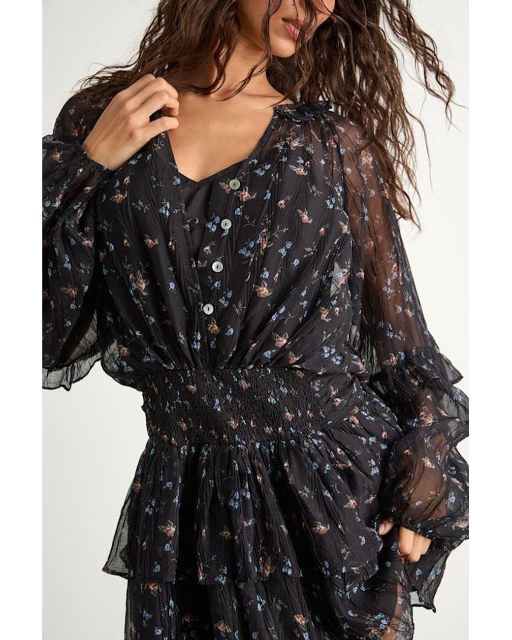 Lulus Black Christy Floral Button-Front Long Sleeve Mini Dress