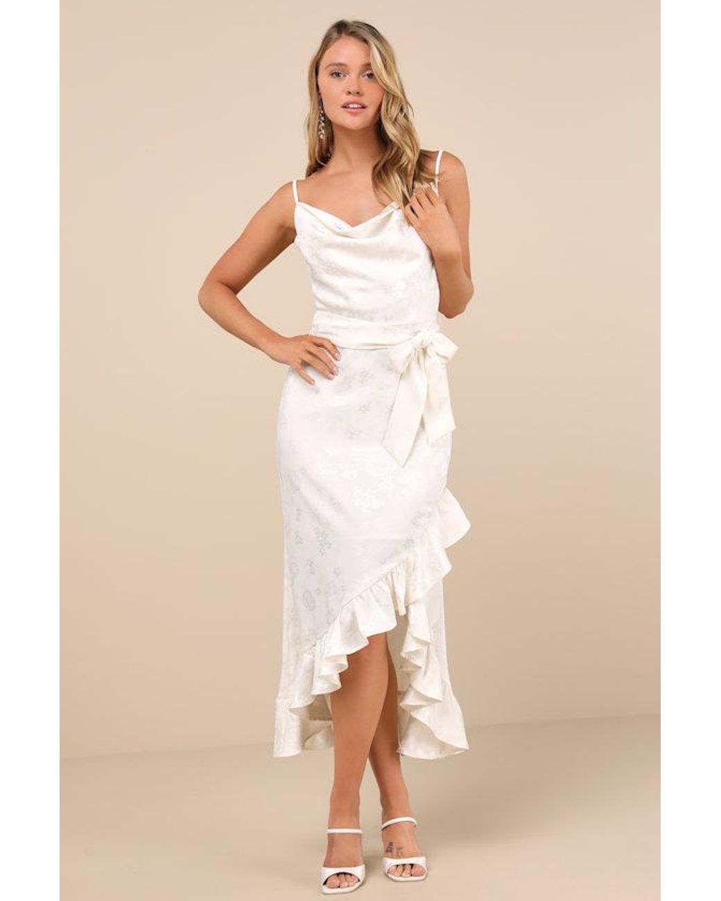 Lulus Natural Modern Passion Floral Satin Jacquard Ruffled Midi Dress