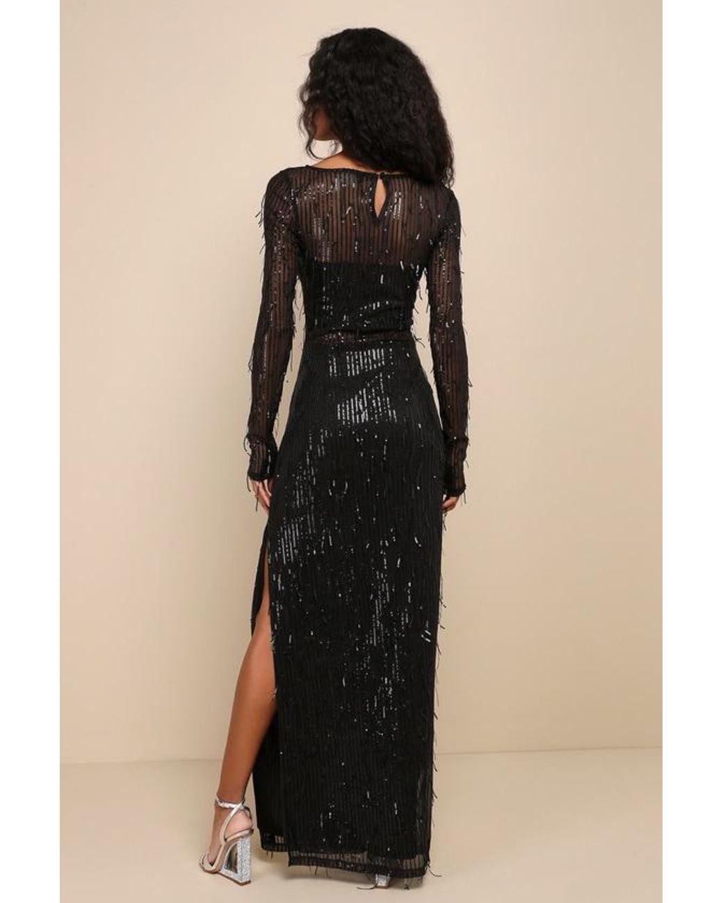 Lulus Black Sheer Fascination Sheer Mesh Sequin Fringe Maxi Dress