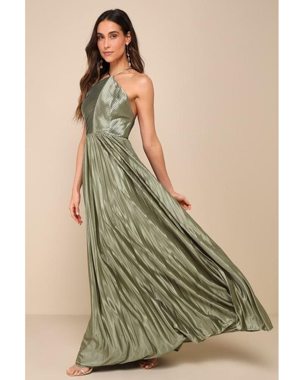 Lulus Green Elaborate Charm Satin Pleated Backless Maxi Dress