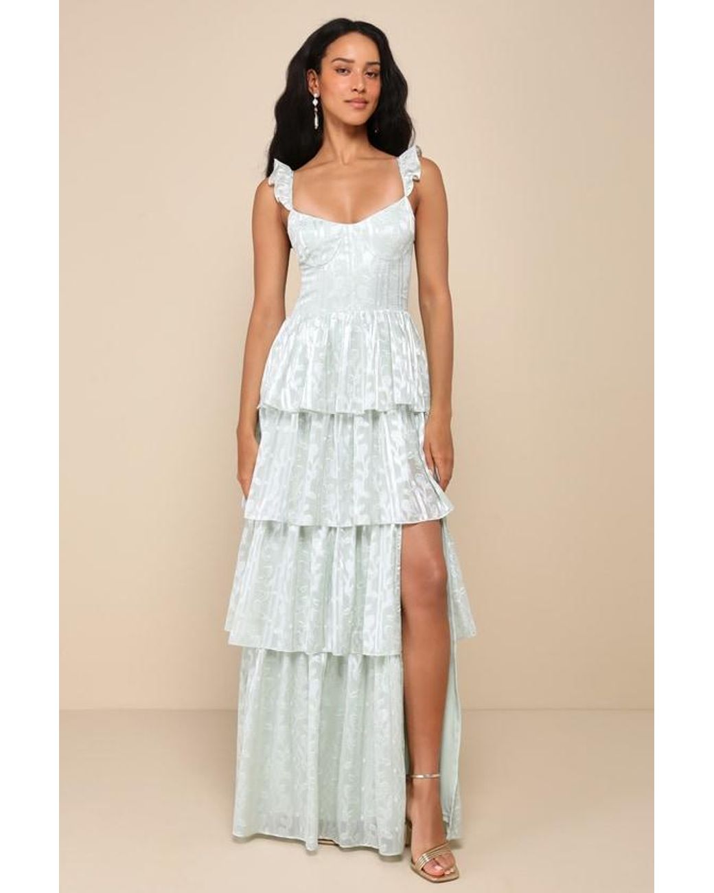Lulus Stunning Glory Sage Floral Jacquard Tiered Maxi Dress in Natural |  Lyst