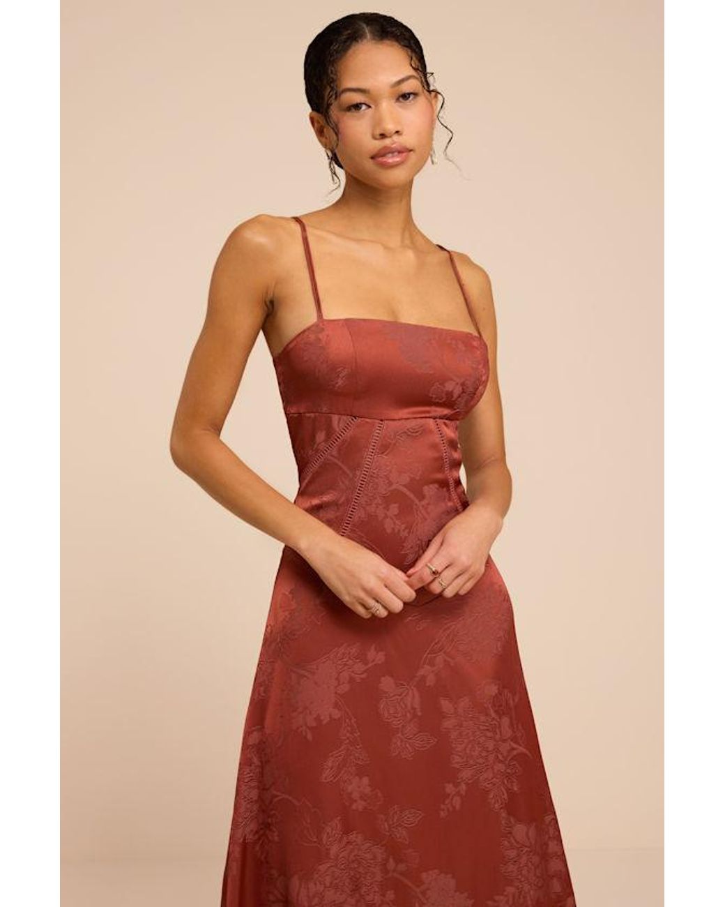 Lulus Red Elin Rust Floral Jacquard Lace-Up Maxi Dress