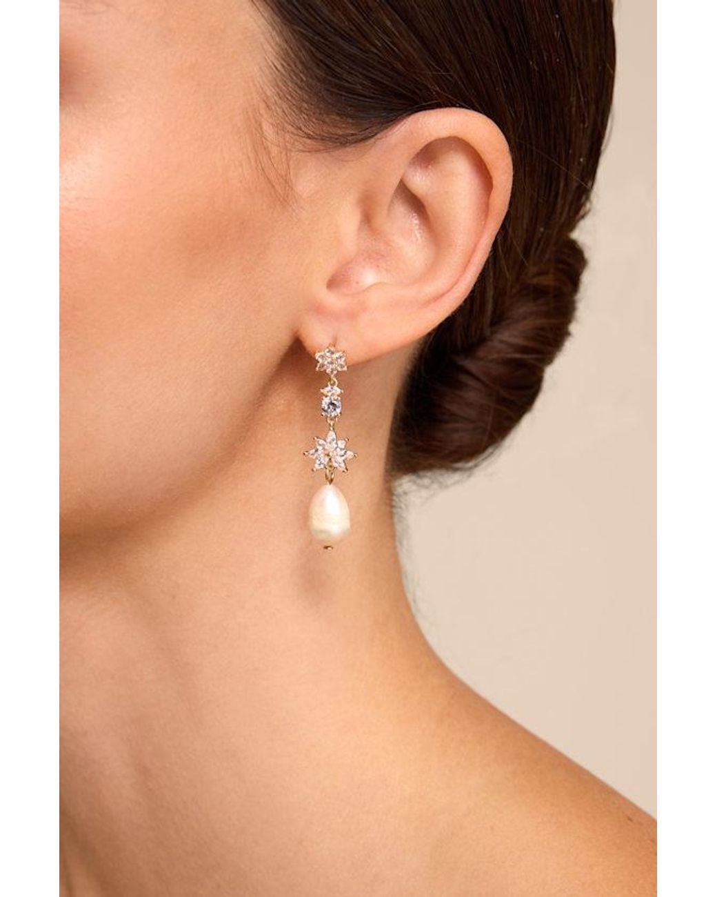 Lulus Natural Freya Rhinestone Pearl Earrings