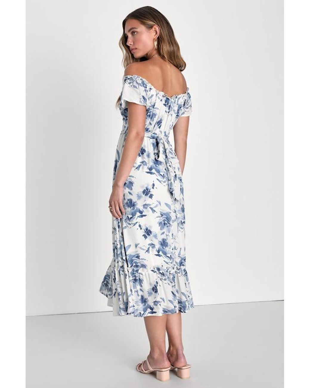 Lulus Blue Delightfully Sweet Floral Off-The-Shoulder Midi Dress