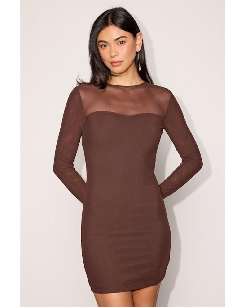 Lulus Brown Maurice Mesh Long Sleeve Bodycon Dress