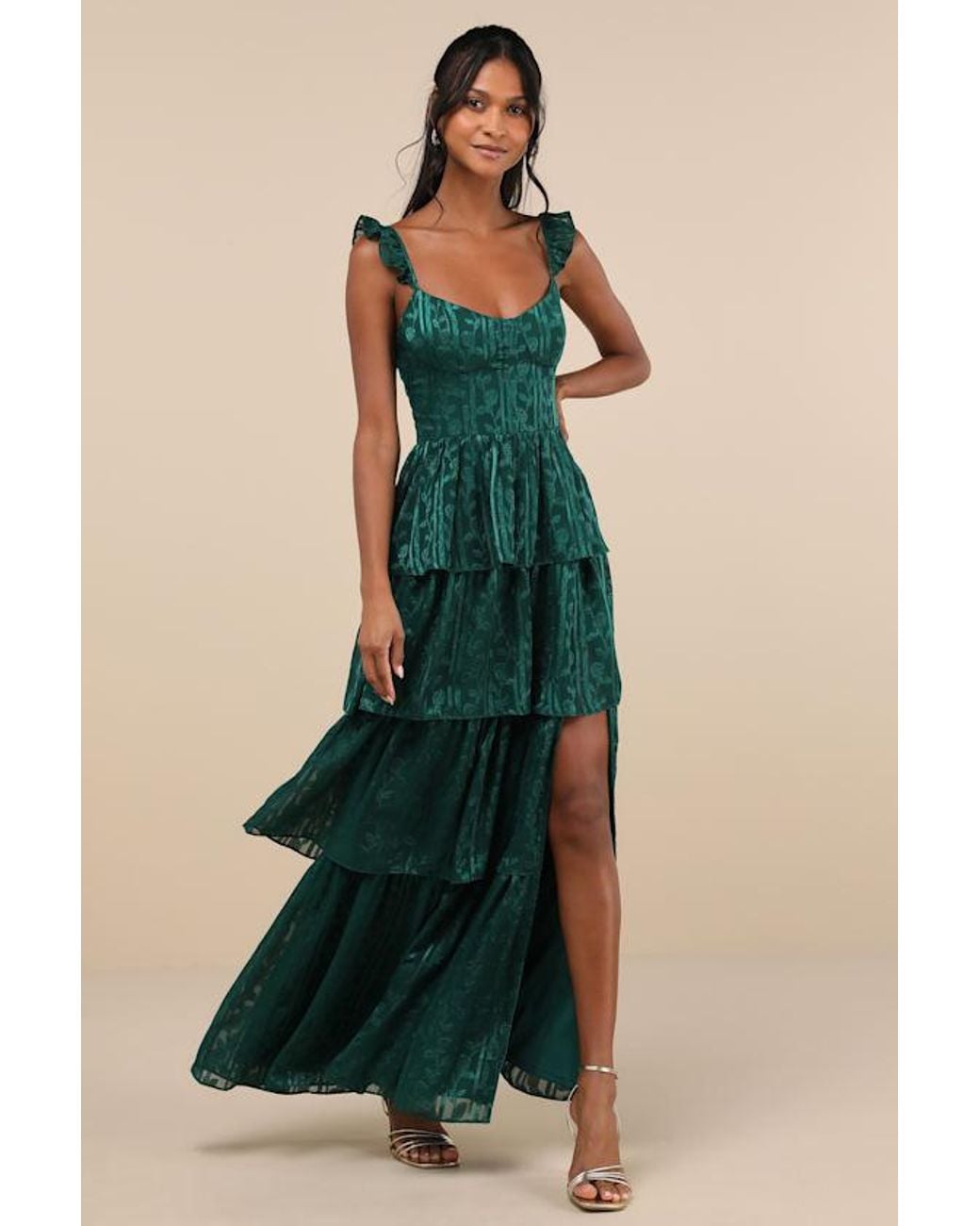 Lulus Stunning Glory Hunter Floral Jacquard Tiered Maxi Dress in Green |  Lyst