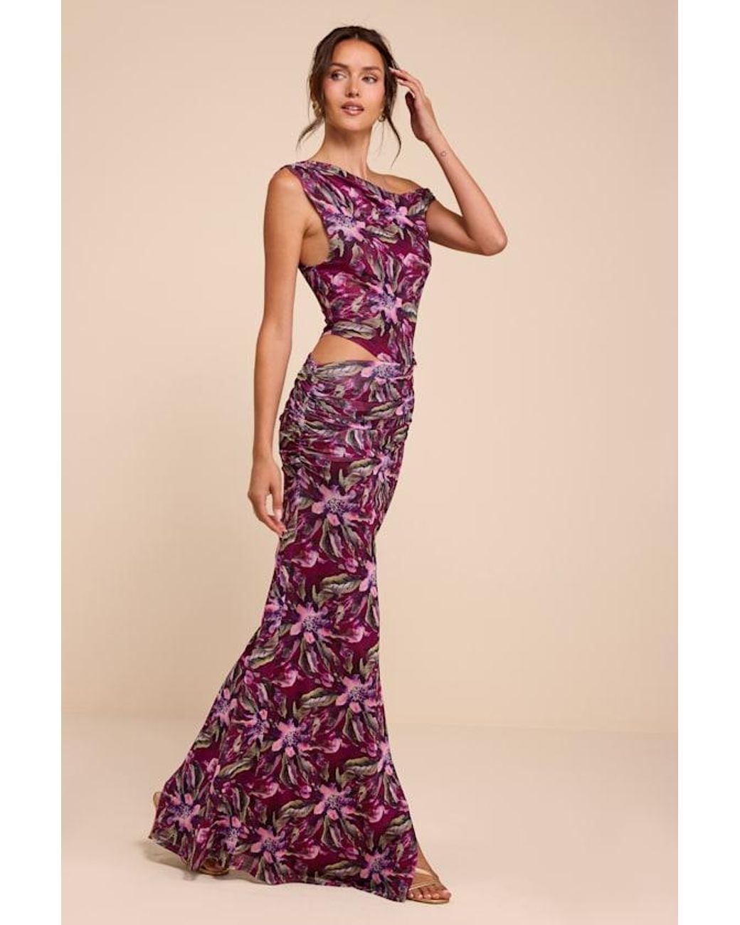 Lulus Red Veya Multi Floral Mesh Asymmetrical Maxi Dress