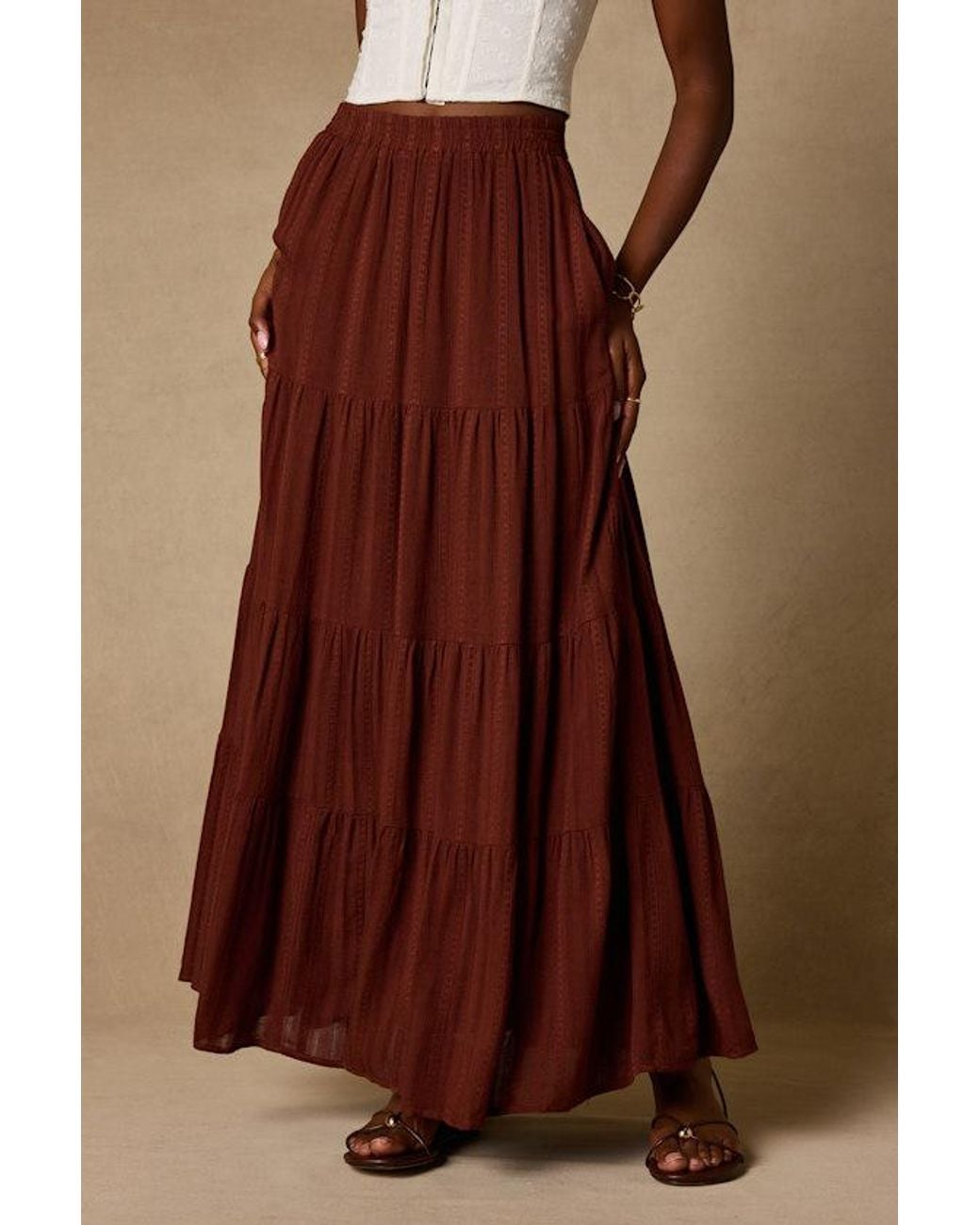 Lulus Brown Sunset By The Sea Embroidered Tiered Maxi Skirt