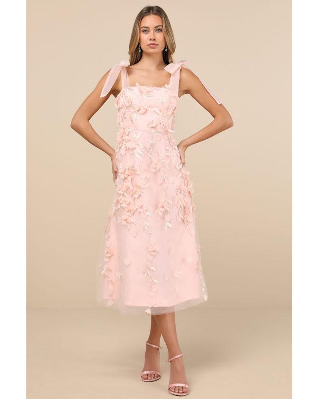 Lulus Natural Effortlessly Sweet Blush Tulle 3D Floral Tie-Strap Midi Dress