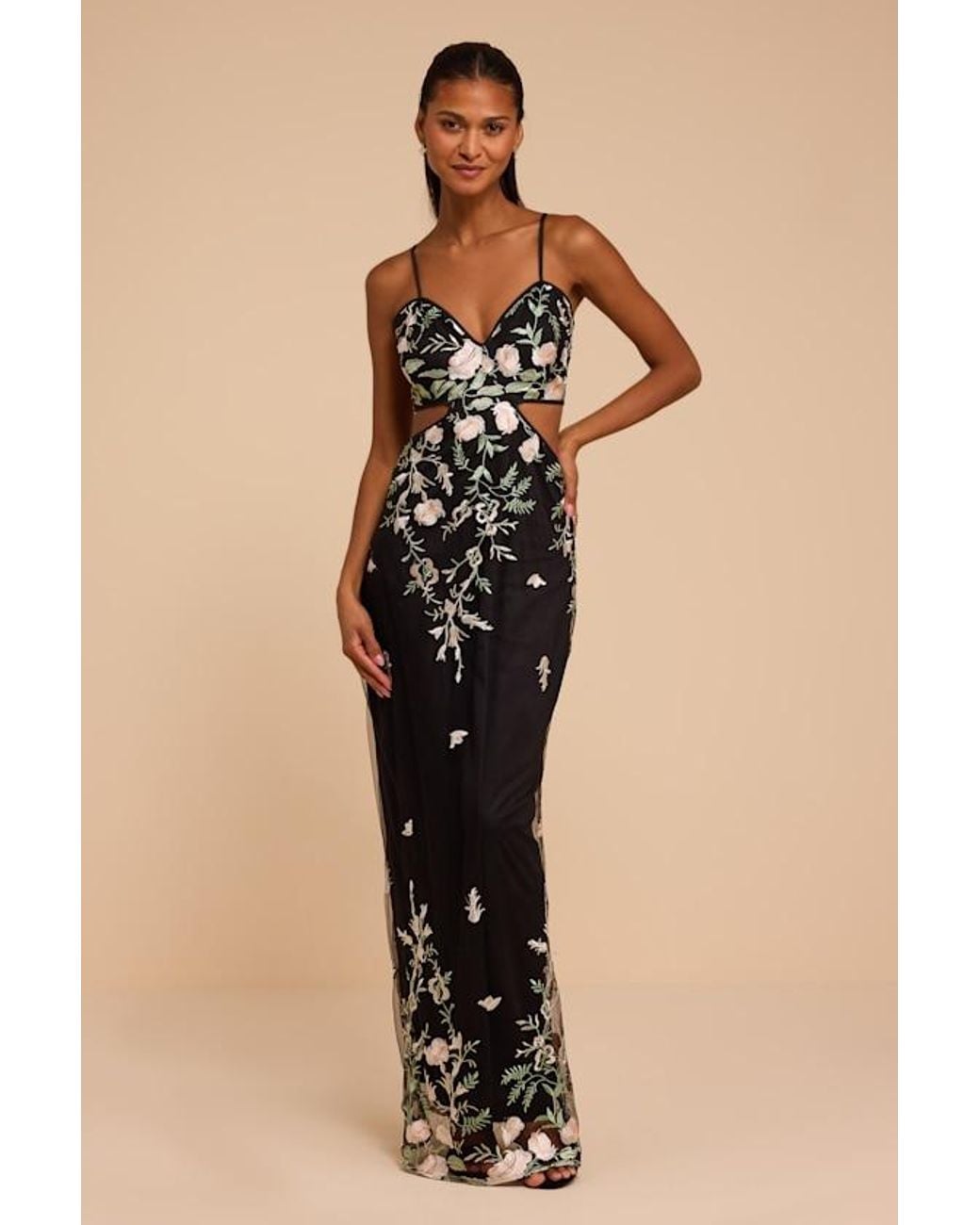 Lulus Natural Petal Floral Cutout Maxi Dress