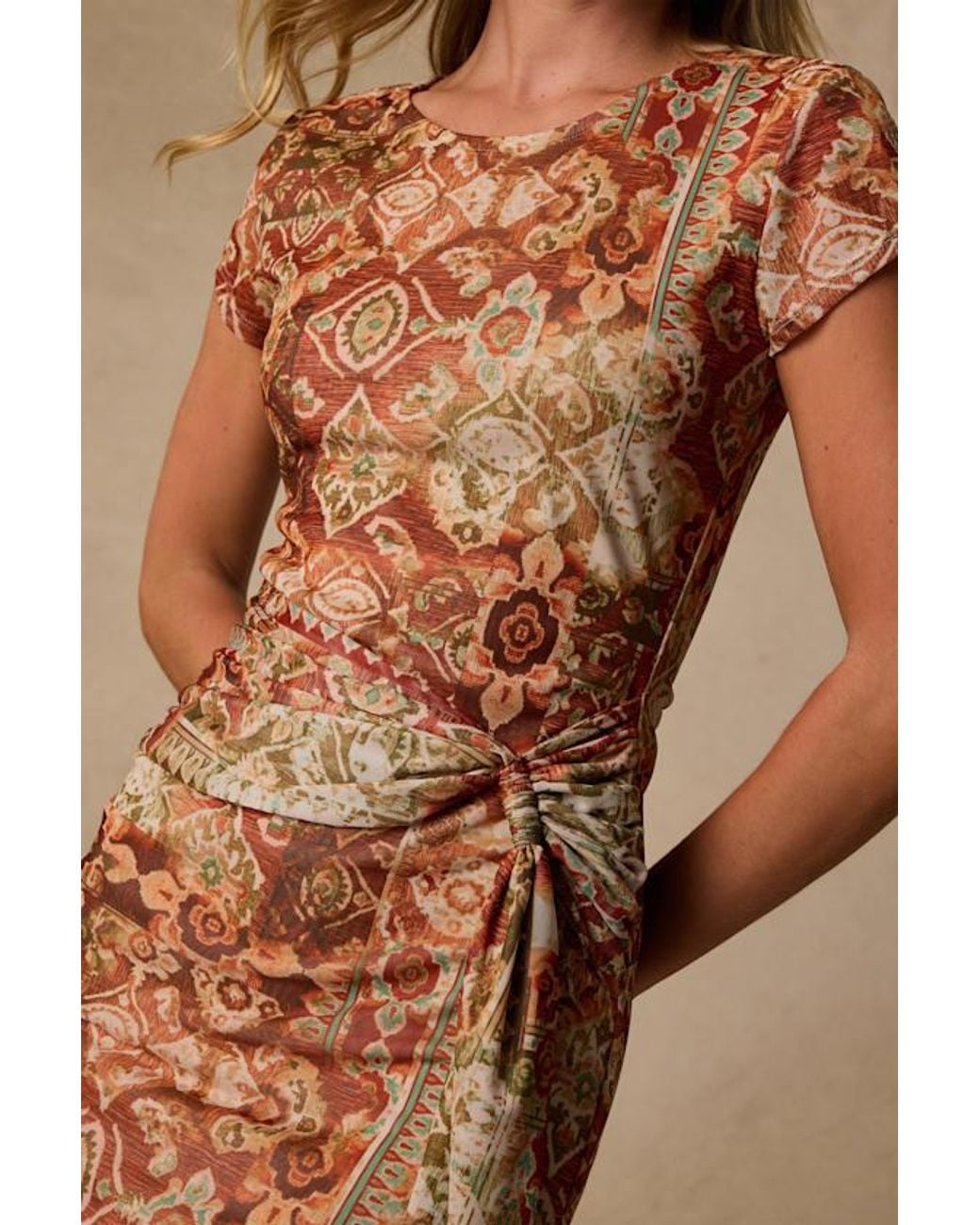 Lulus Brown Kamora Rust Multi Boho Print Mesh Sash Mini Dress