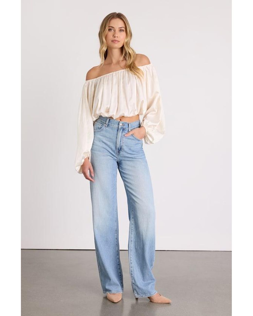 Lulus Blue Jordana Satin Off-The-Shoulder Crop Top