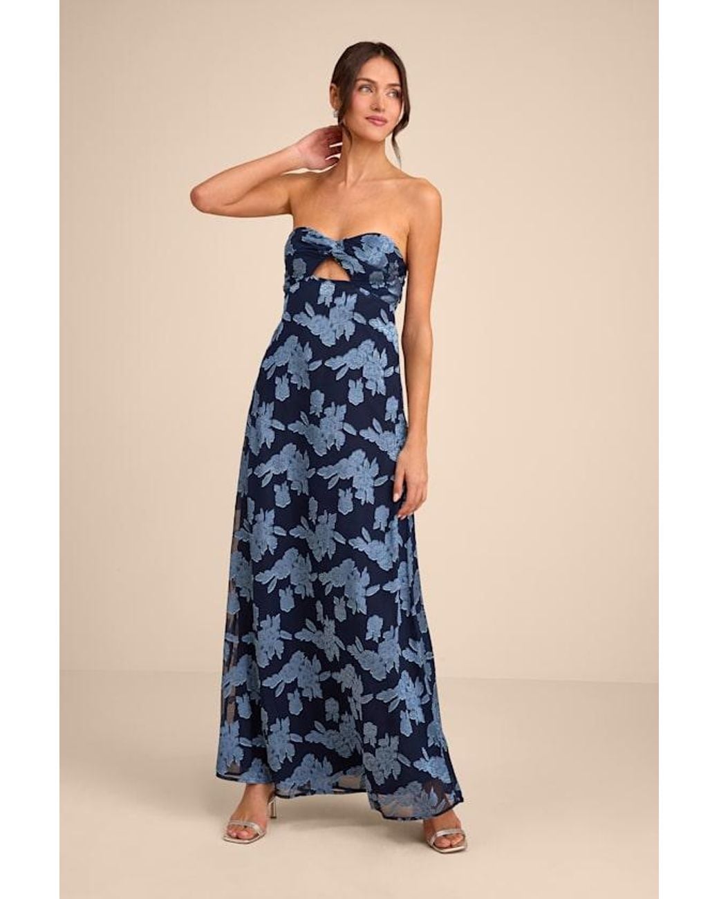 Lulus Blue Danae Floral Jacquard Strapless Maxi Dress