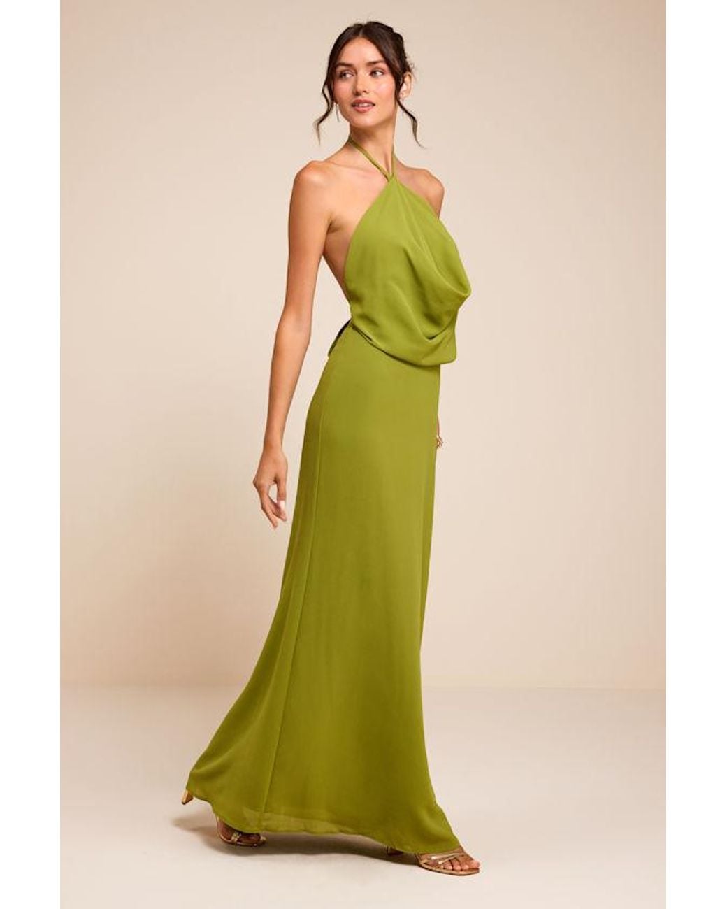Lulus Green Piper Chartreuse Cowl-Front Maxi Dress