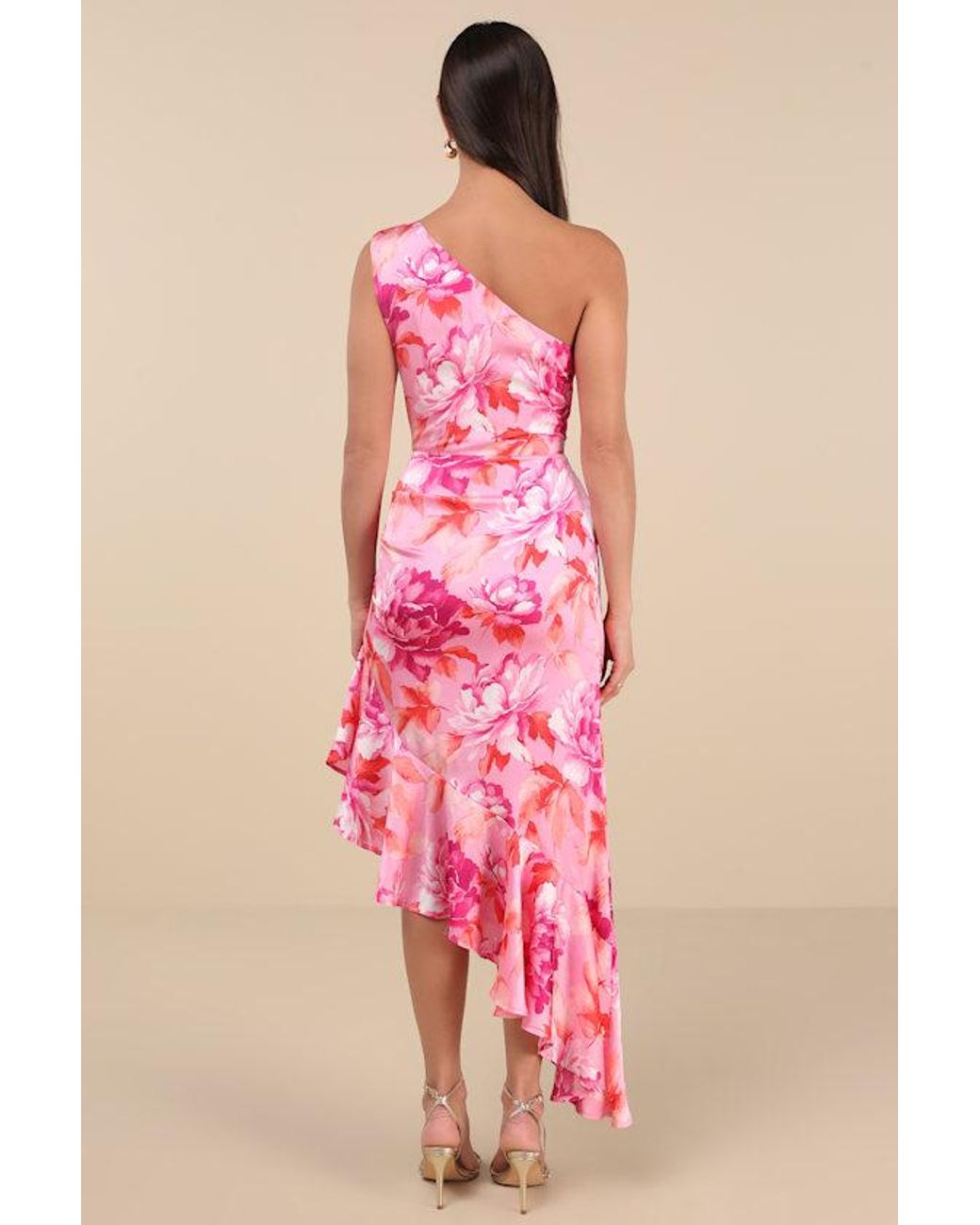 Lulus Pink Divinely Blooming Multi Floral One-Shoulder Midi Dress