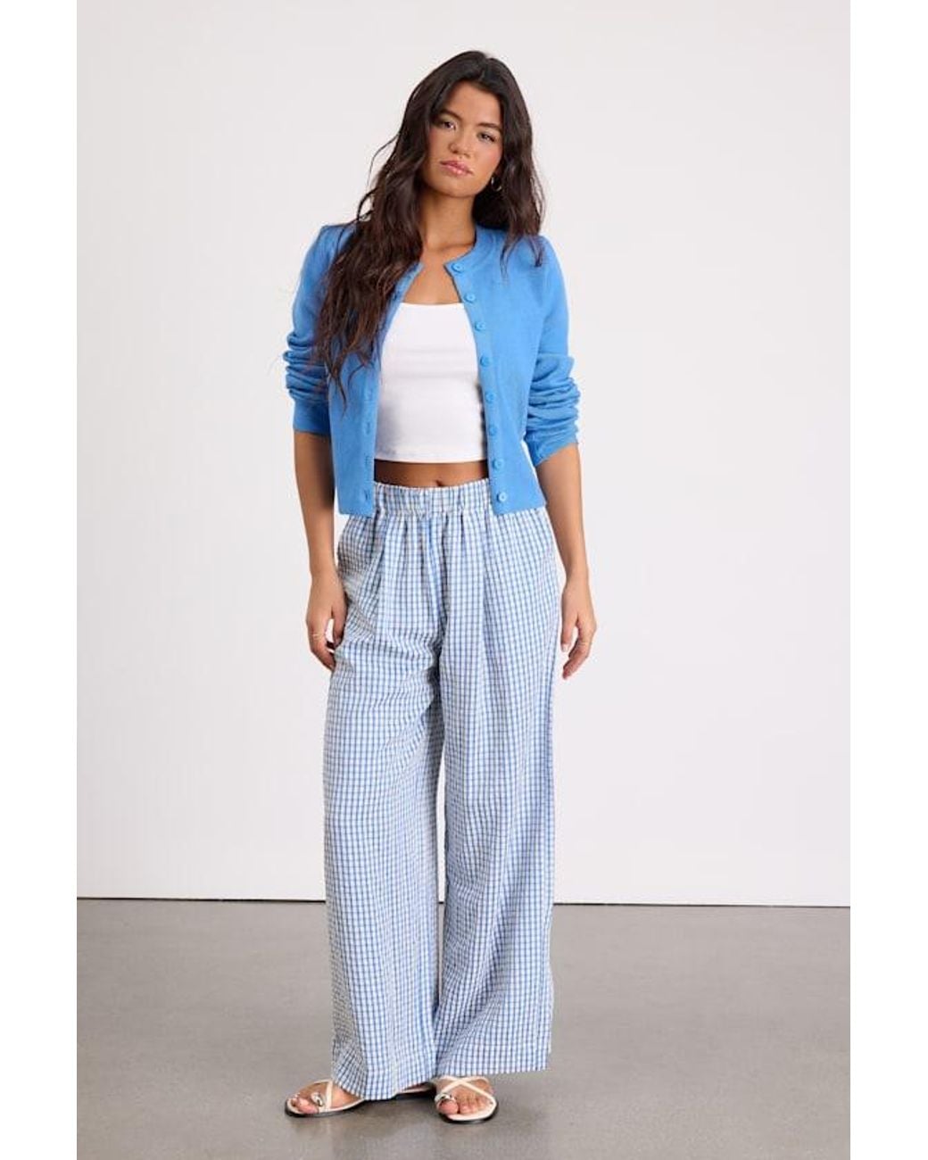 Lulus Blue Tilly Gingham Mid-Rise Wide-Leg Pants