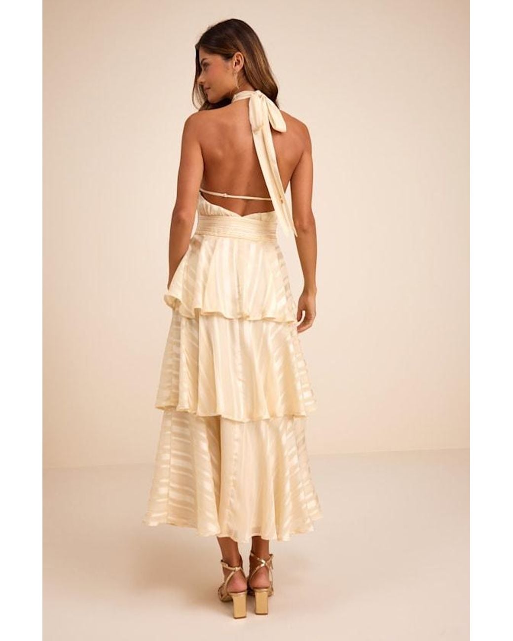 Lulus Natural Jennica Pale Striped Satin Tiered Midi Dress
