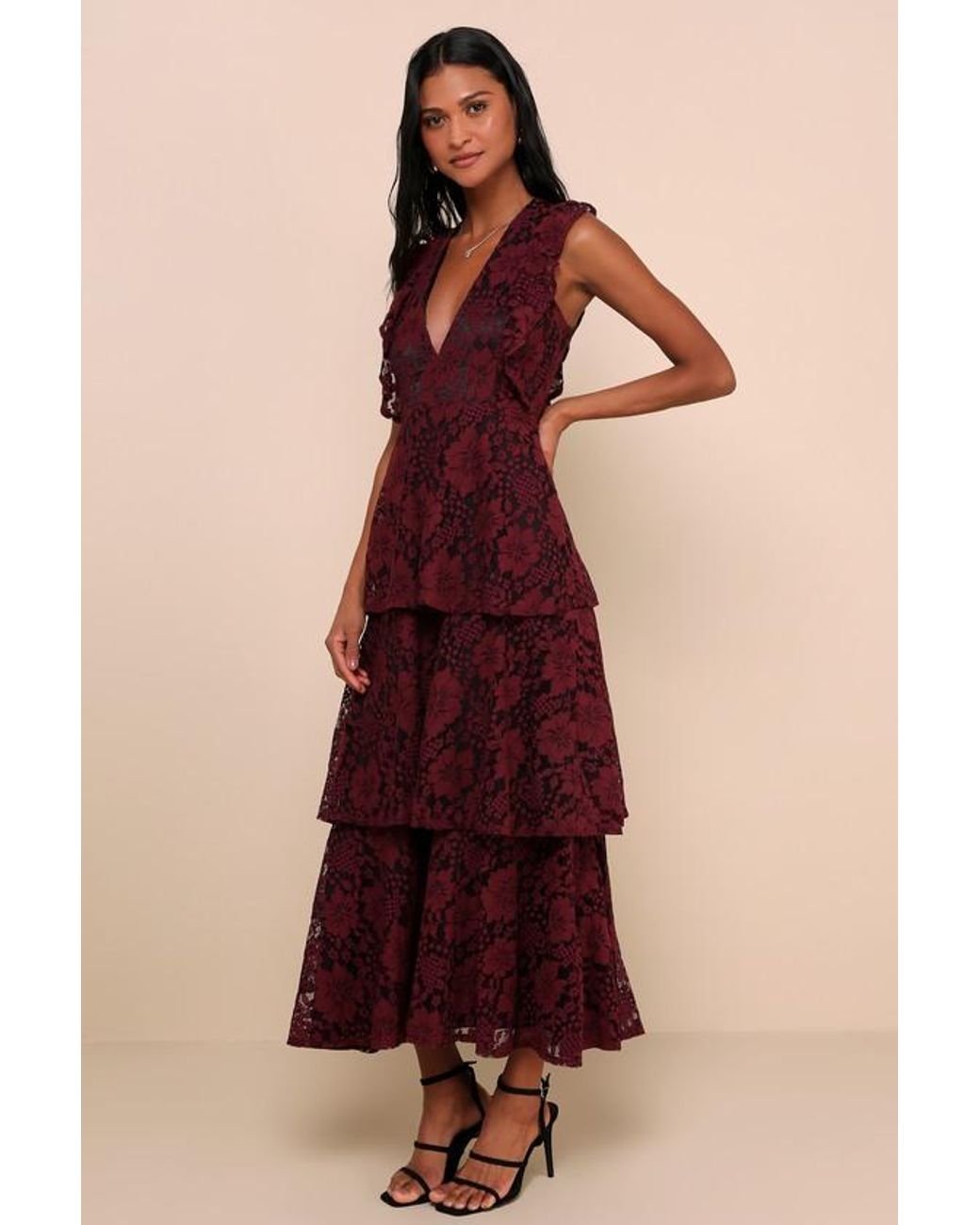 Lulus Molinetto Lace Ruffled Tiered Sleeveless Maxi Dress
